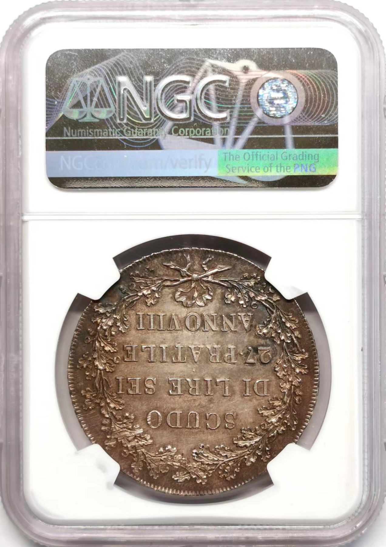 凡希社世界钱币微拍第二百四十八期 1800意大利阿尔卑斯山南共和国拿破仑马伦哥战役SCUDO大银NGC-AU58墨绿油彩实物极好！