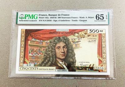 【Blue Auction】✨世界纸币精拍第361期【精】 - 【无47 a版 仅3张更高分】法国 1959～65年 500新法郎 经典莫里哀 PMG65EPQ绝品少见 设计非常出彩