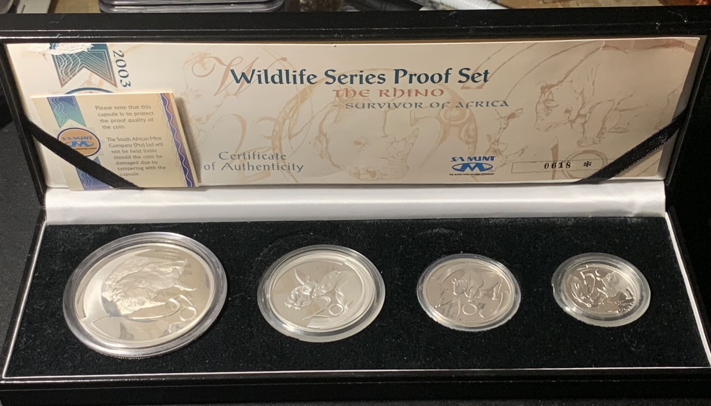 紫瑗钱币——第300期拍卖 南非 2003年 野生动物系类—犀牛 5 10 20 50分  4枚全套 精制带证书