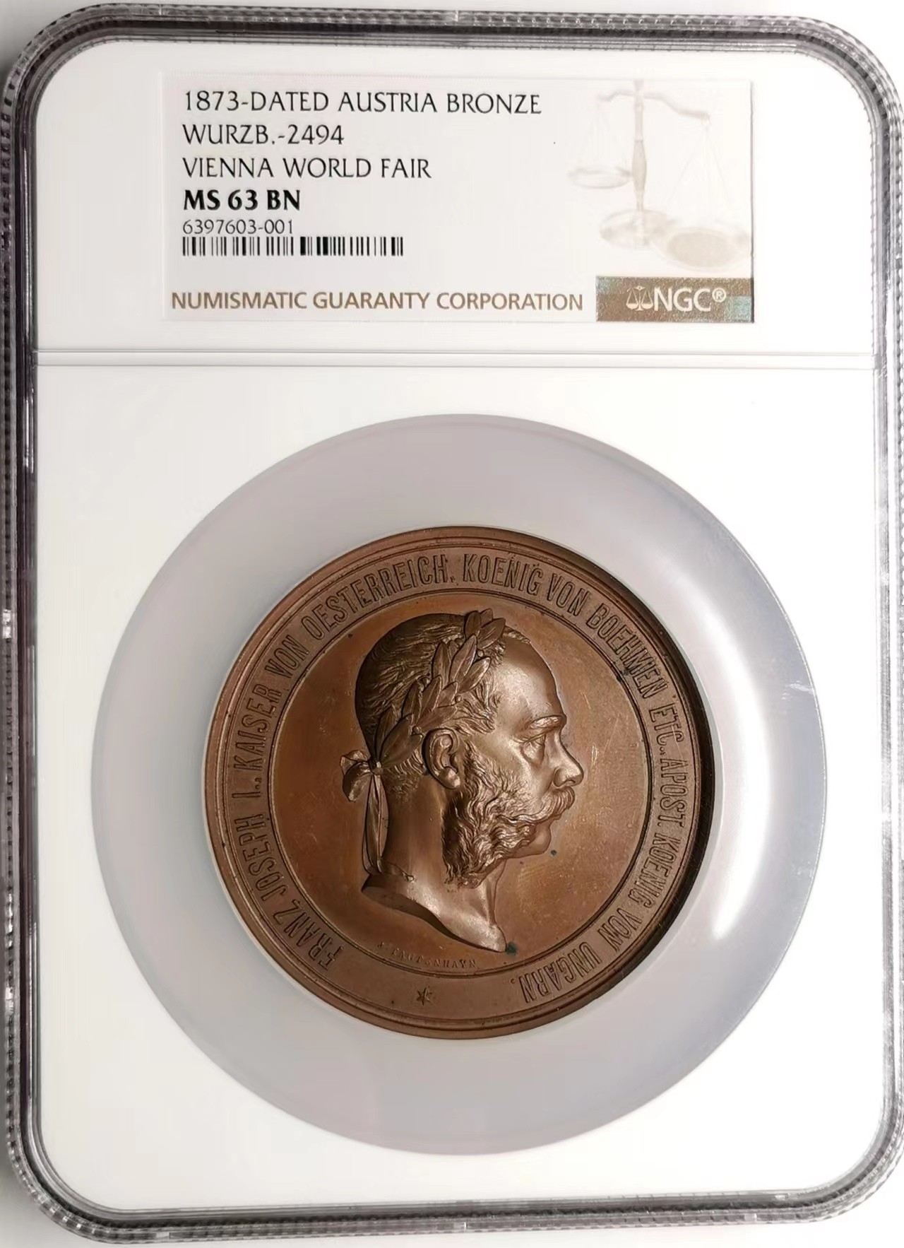凡希社世界钱币微拍第二百四十八期 1873奥匈帝国维也纳世博会大型铜章NGC-MS63