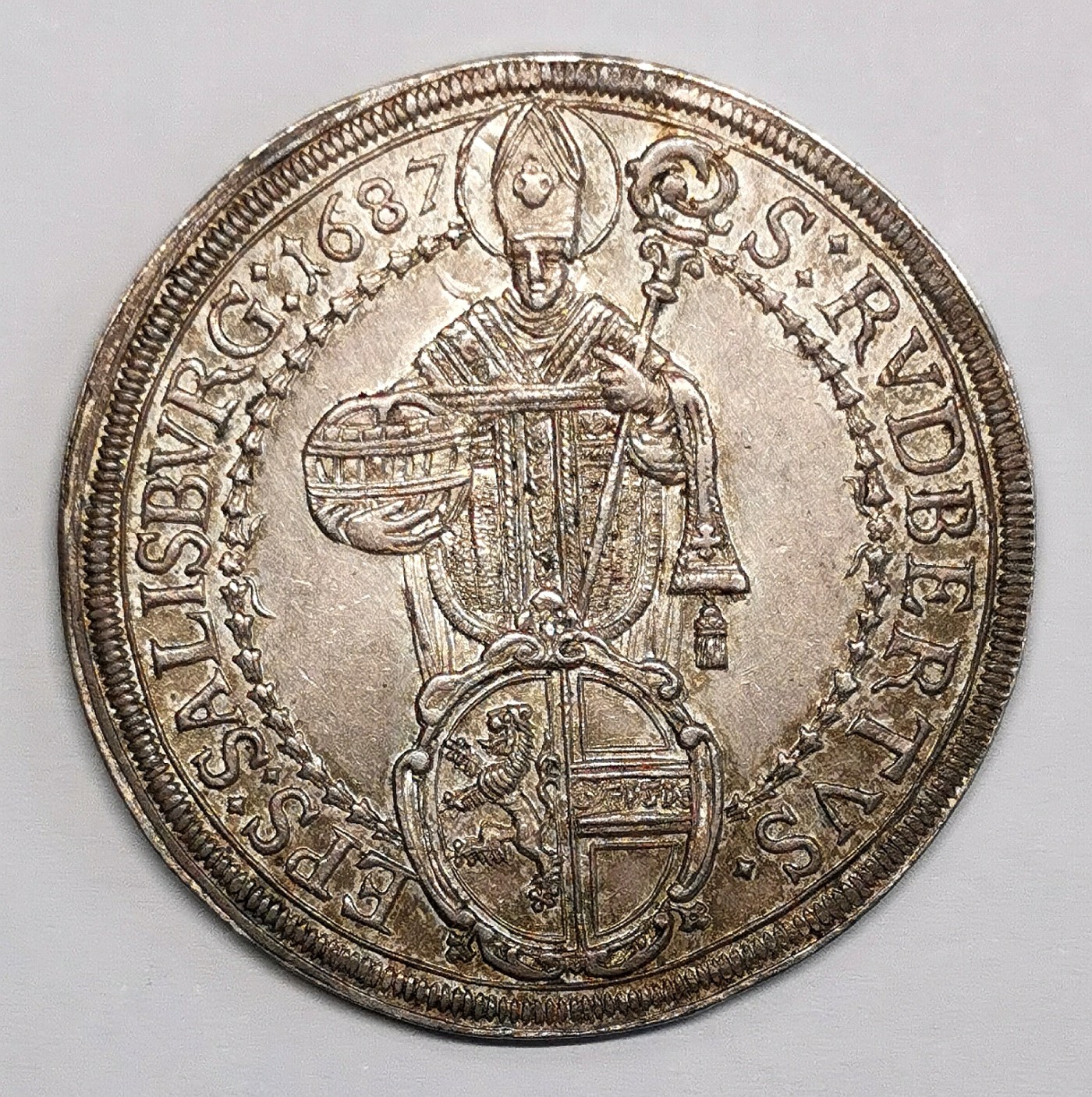 凡希社世界钱币微拍第二百四十八期 1687奥地利萨尔茨堡主教区泰勒大银AU/UNC淡紫金包浆！