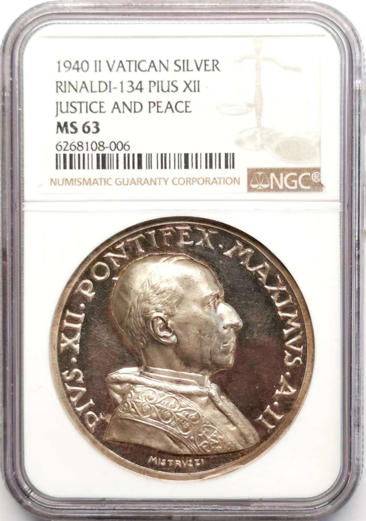 凡希社世界钱币微拍第二百四十八期 1940梵蒂冈正义与和平纪念银章NGC-MS63