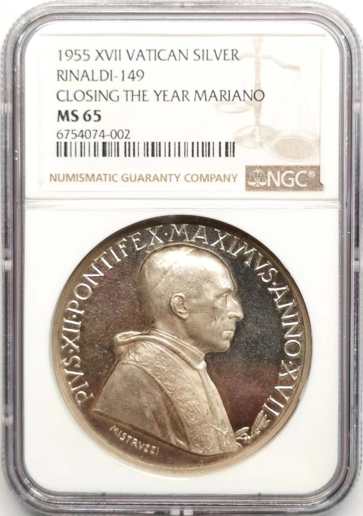 凡希社世界钱币微拍第二百四十八期 1955梵蒂冈mariano年纪念银章NGC-MS65