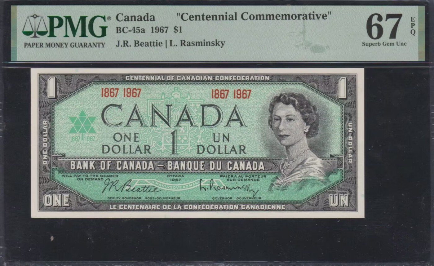 草稿银行第九期国内外钞票硬币拍卖 加拿大1967年1加元 纪念钞 纪念加拿大联邦成立100周年 1867-1967 女王肖像 PMG 67 亚军分！