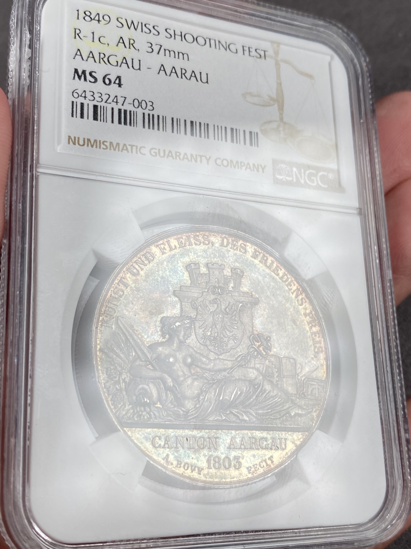万国钱币拍卖第014期（奢华币宴第一季） NGC MS64 1849瑞士阿尔高射击节银章 高分镜面五彩难得