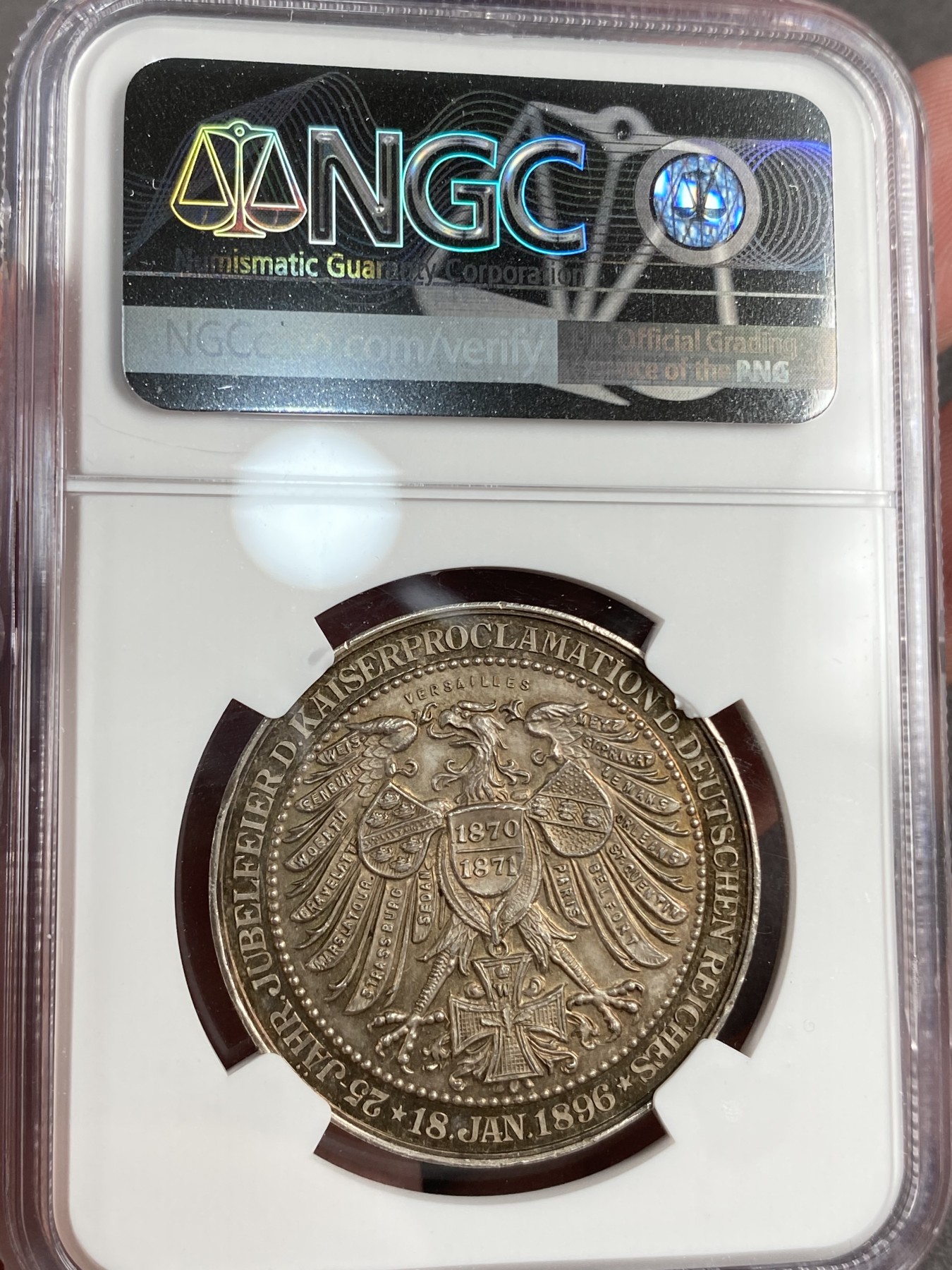 万国钱币拍卖第014期（奢华币宴第一季） NGC MS65 1896年德国普法战争胜利25周年三皇纪念银章 幻金彩顶级品像 帝国的余晖在币章中展现着昔日的辉煌