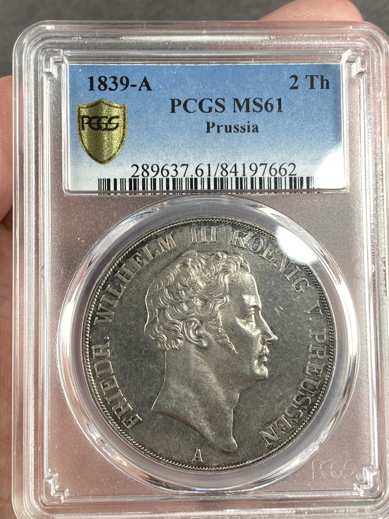 万国钱币拍卖第014期（奢华币宴第一季） PCGS MS61 1839年德国普鲁士威廉三世大窗帘2泰勒，普鲁士纹章2泰勒的首年，发行量远少于威廉四世，这样深打原味的状态难得一见。