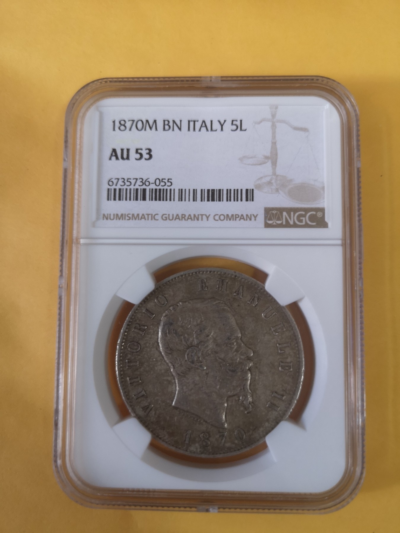 长老汇第35场杂货拍卖 1870意大利伊曼纽尔二世5里拉银币，NGC AU53