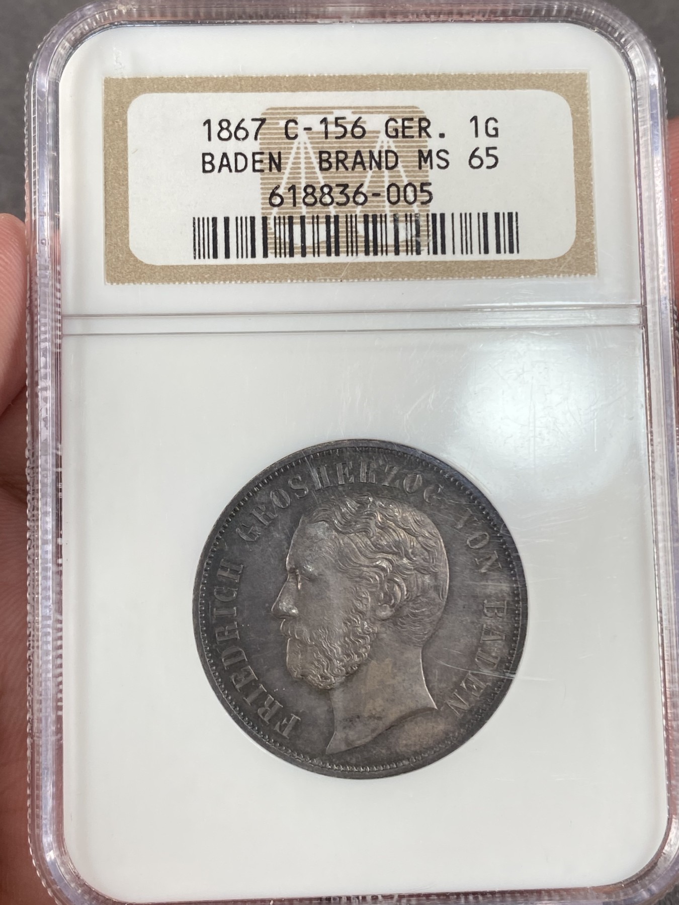 万国钱币拍卖第014期（奢华币宴第一季） NGC MS65 1867年德国巴登1古尔登银币 老盒重五彩