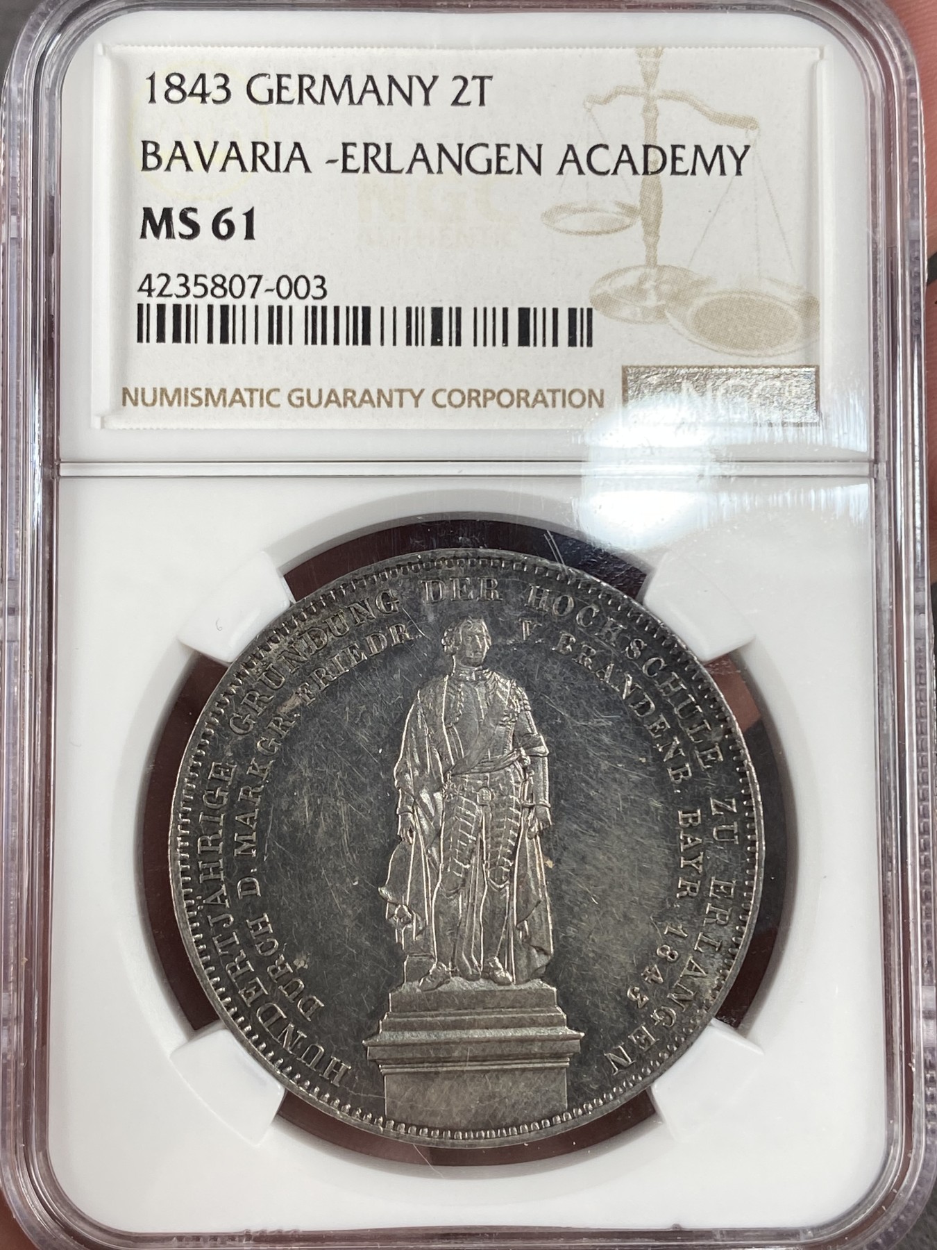 万国钱币拍卖第014期（奢华币宴第一季） NGC MS61 1843年巴伐利亚埃尔朗根学院站像2泰勒，稀少品种，好品难得。