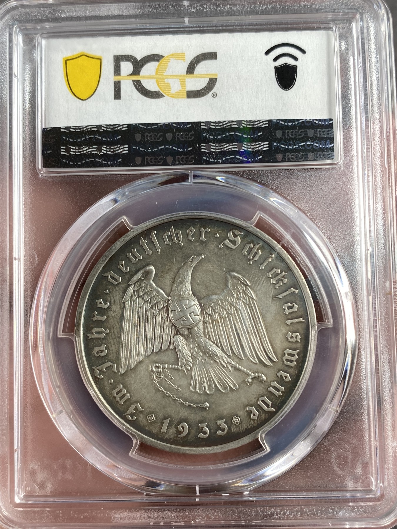 万国钱币拍卖第014期（奢华币宴第一季） PCGS SP63 1933年德国执政纪念银章 原盒彩