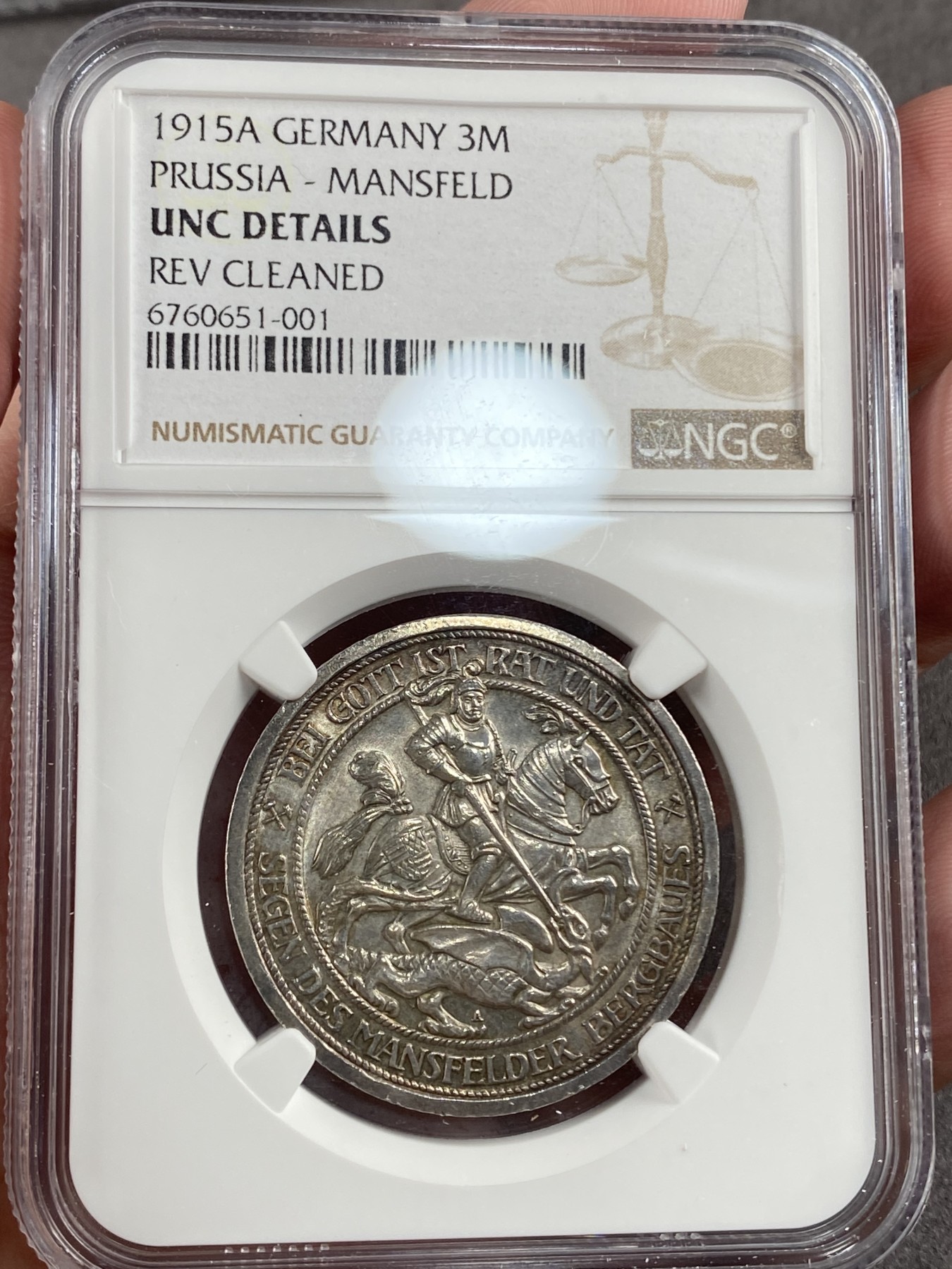 万国钱币拍卖第014期（奢华币宴第一季） NGC UNCD 1915年德国普鲁士曼斯菲尔德圣骑士屠龙经典3马克 标注单面清洗 看不出