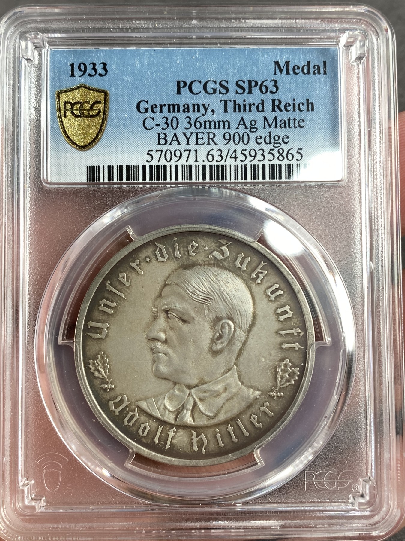 万国钱币拍卖第014期（奢华币宴第一季） PCGS SP63 1933年德国执政纪念银章 原盒彩