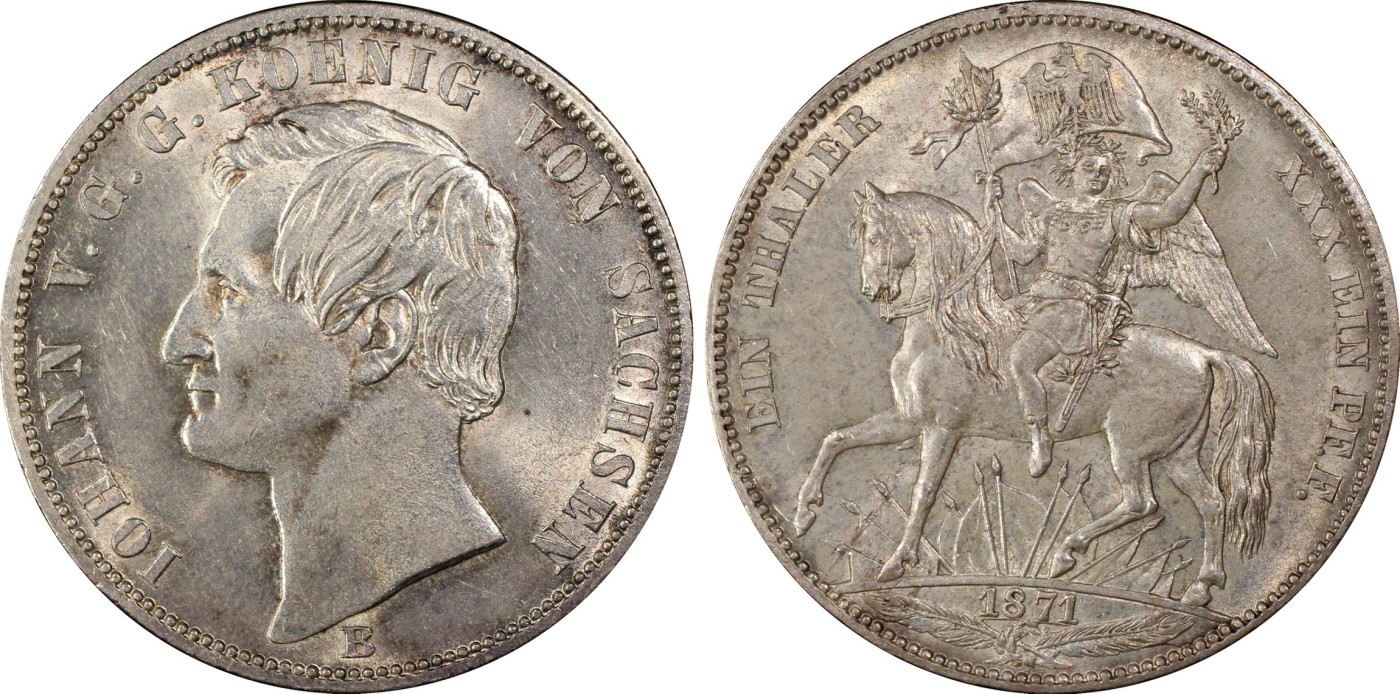 万国钱币拍卖第014期（奢华币宴第一季） PCGS MS62 1871年德国萨克森经典普法战争胜利泰勒 盒子有磨损