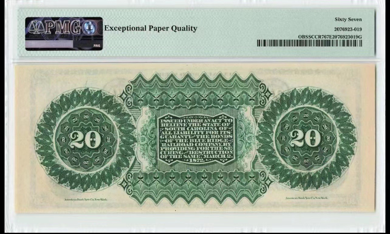 收藏联盟Quantum Auction 第283期拍卖  南卡罗来纳州哥伦比亚1872年20元 PMG67 带签实票 双面印刷