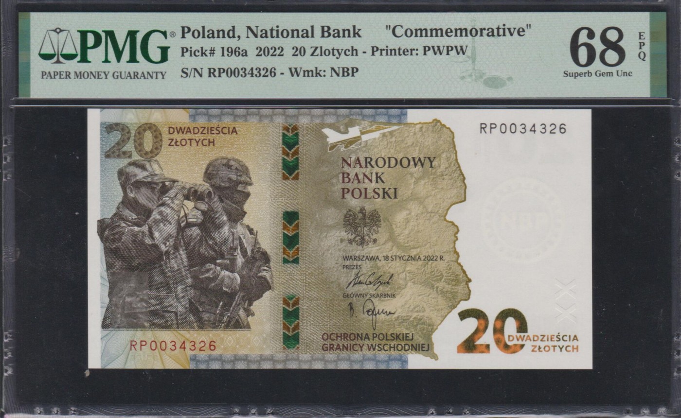 草稿银行第九期国内外钞票硬币拍卖 波兰2022年20兹罗提 纪念钞 保卫东部边界纪念  PMG 68 亚军分