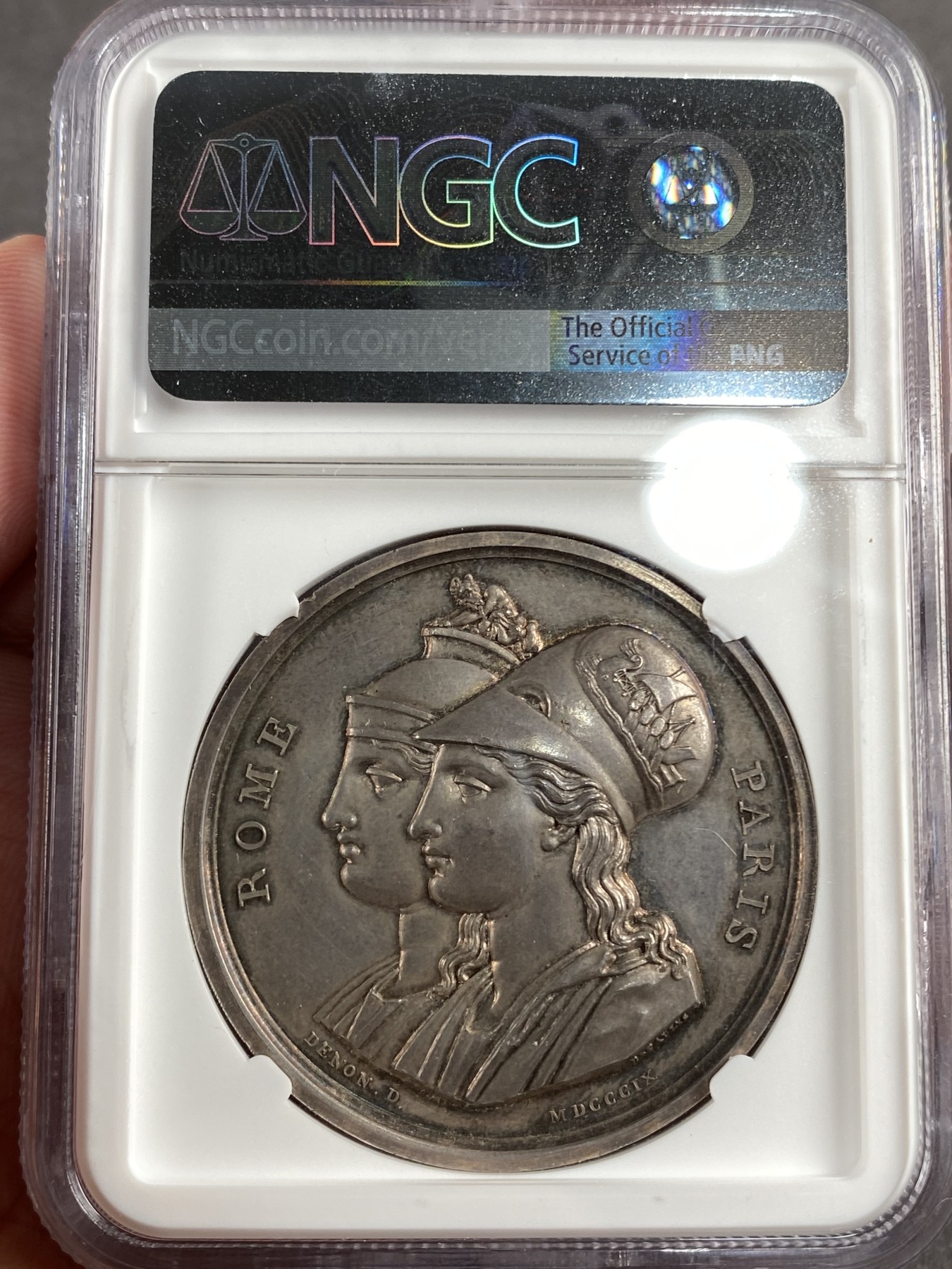 万国钱币拍卖第014期（奢华币宴第一季） NGC MS62 1809年拿破仑一世纪念罗马成为第二首都银章，巴黎女神像和罗马女神像结合，边铭AR+手。
