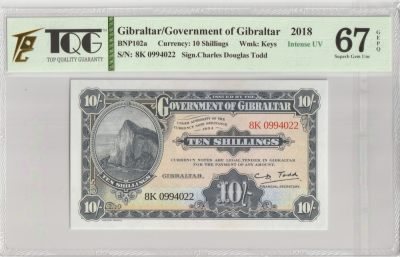 第17次拍卖--英联邦领土硬币、精制银币、纪念币，纸钞 - Gibraltar 10 Shillings - Celebration of World Tourism in 2018 - TQG GEPQ 67