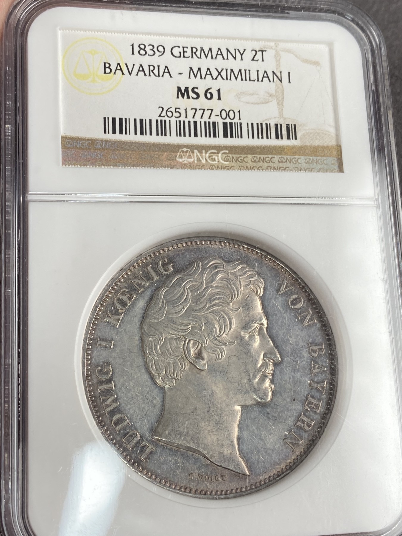 万国钱币拍卖第014期（奢华币宴第一季） NGC MS61 1839年德国巴伐利亚路德维希一世选帝侯2泰勒 经典品种 老盒加持 加分几率非常高 状态特别好