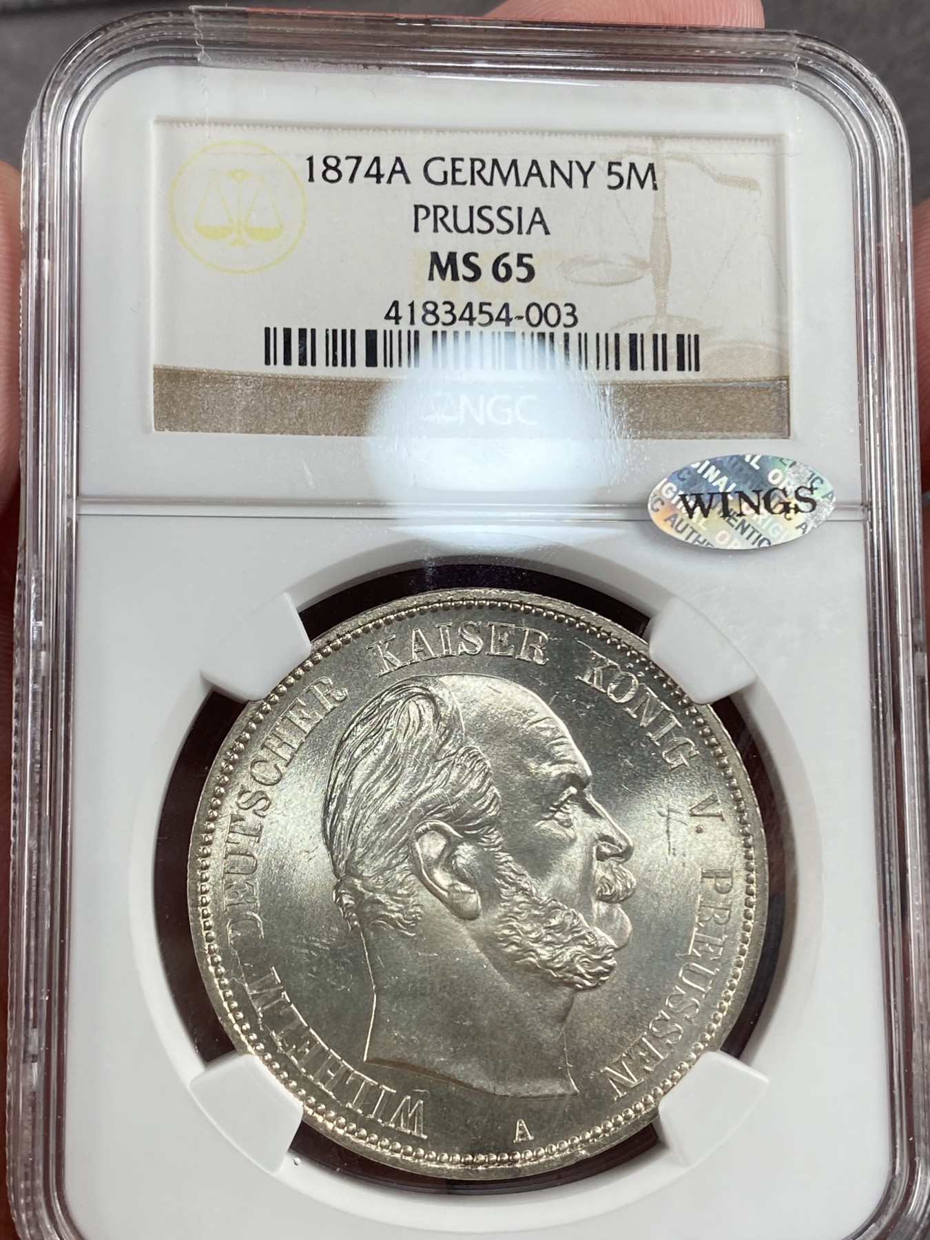 万国钱币拍卖第014期（奢华币宴第一季） NGC MS65 1874年首年德国普鲁士威廉一世短翅5马克 曝光车轮转光 贴WINGS银标 流通马克中的经典 威一短翅好品极难 65更是凤毛麟角