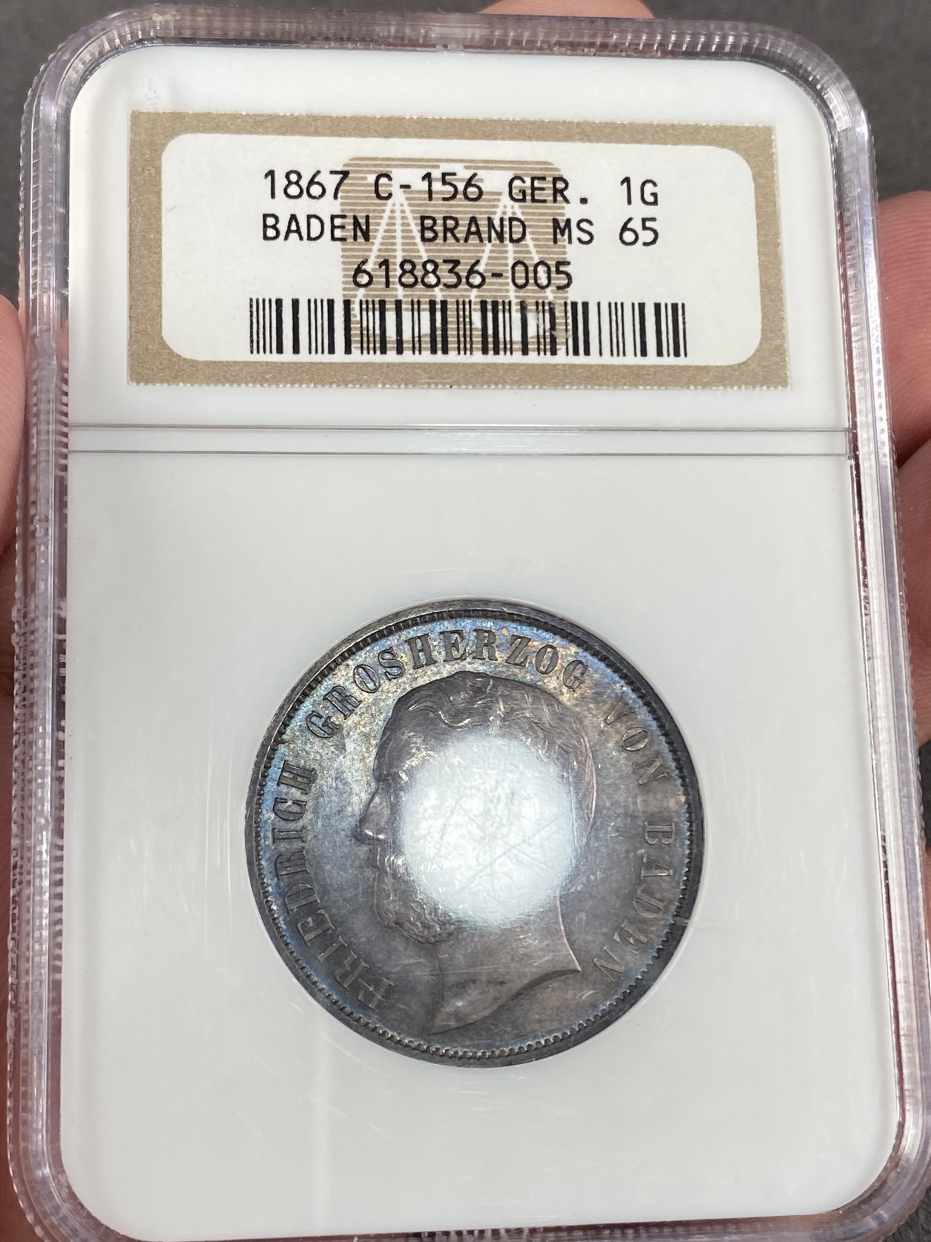 万国钱币拍卖第014期（奢华币宴第一季） NGC MS65 1867年德国巴登1古尔登银币 老盒重五彩