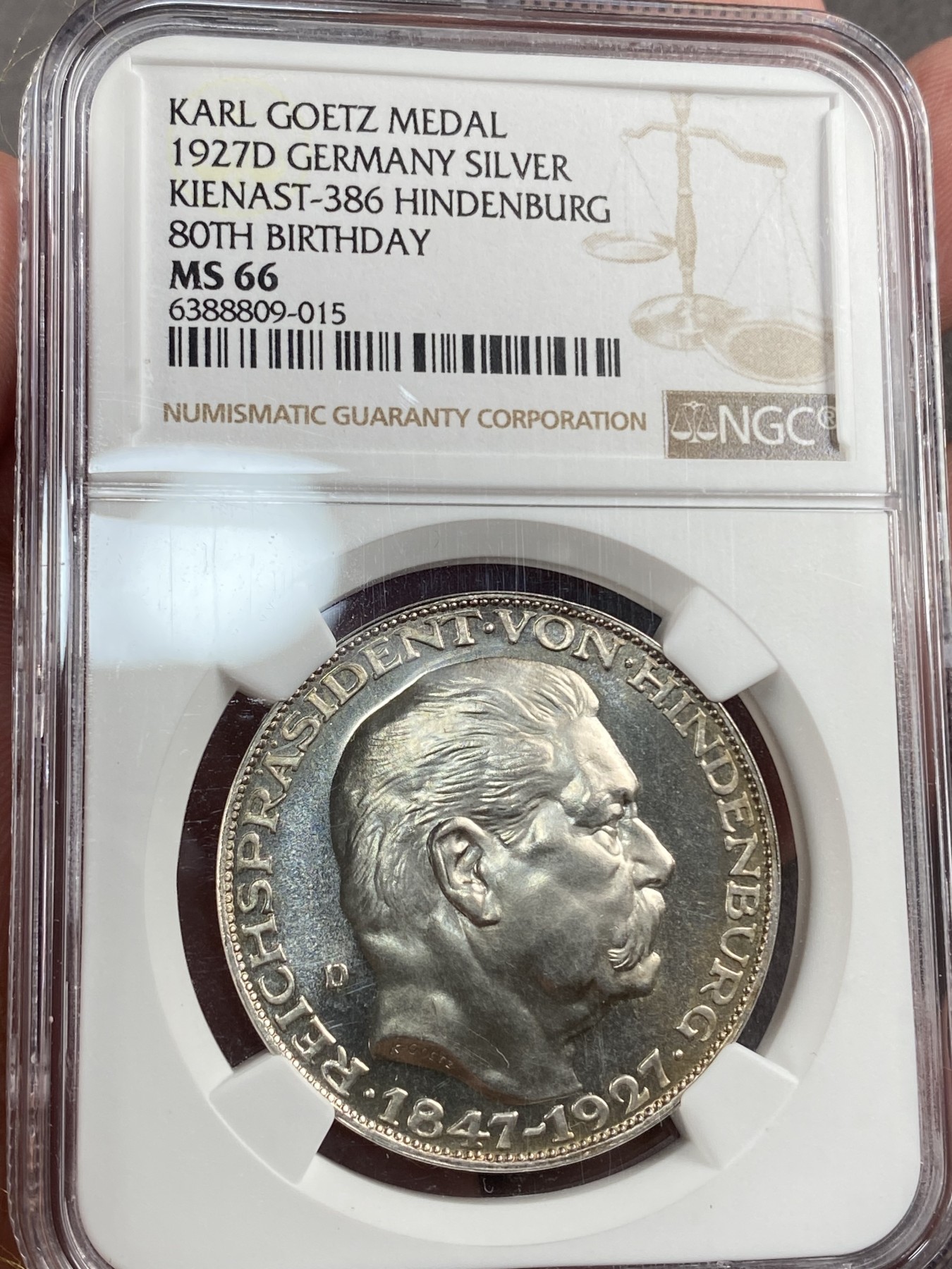 万国钱币拍卖第014期（奢华币宴第一季） NGC MS66 1927年德国魏玛共和国兴登堡总统80大寿顶级5马克 