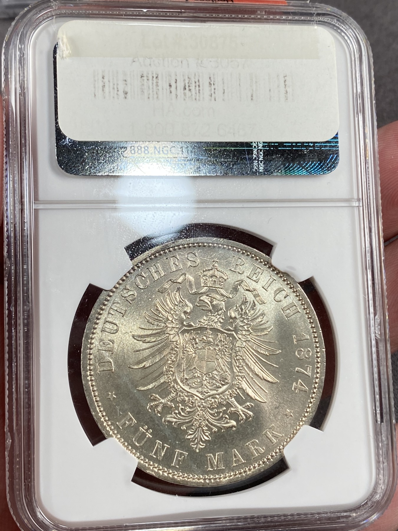 万国钱币拍卖第014期（奢华币宴第一季） NGC MS65 1874年首年德国普鲁士威廉一世短翅5马克 曝光车轮转光 贴WINGS银标 流通马克中的经典 威一短翅好品极难 65更是凤毛麟角