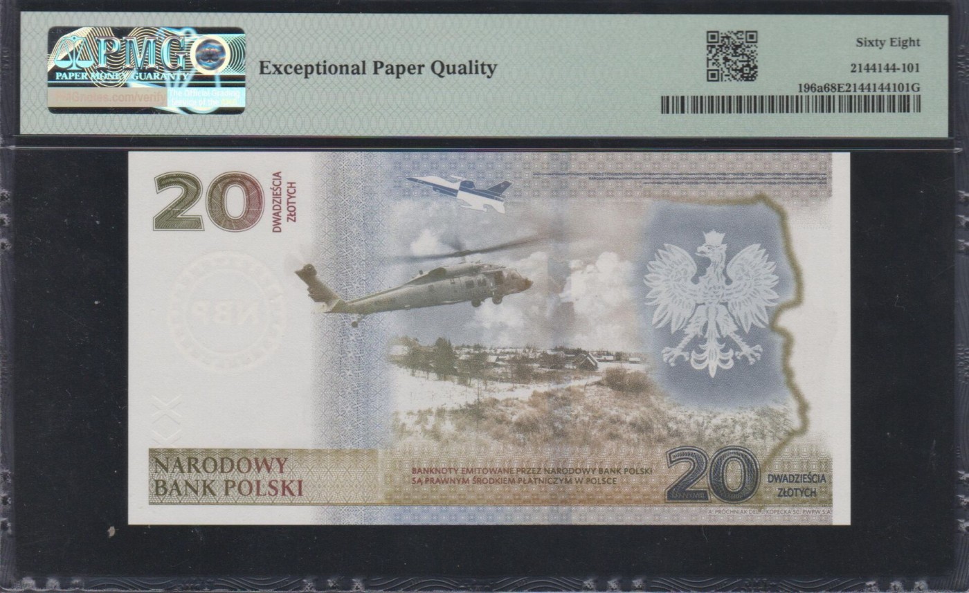 草稿银行第九期国内外钞票硬币拍卖 波兰2022年20兹罗提 纪念钞 保卫东部边界纪念  PMG 68 亚军分