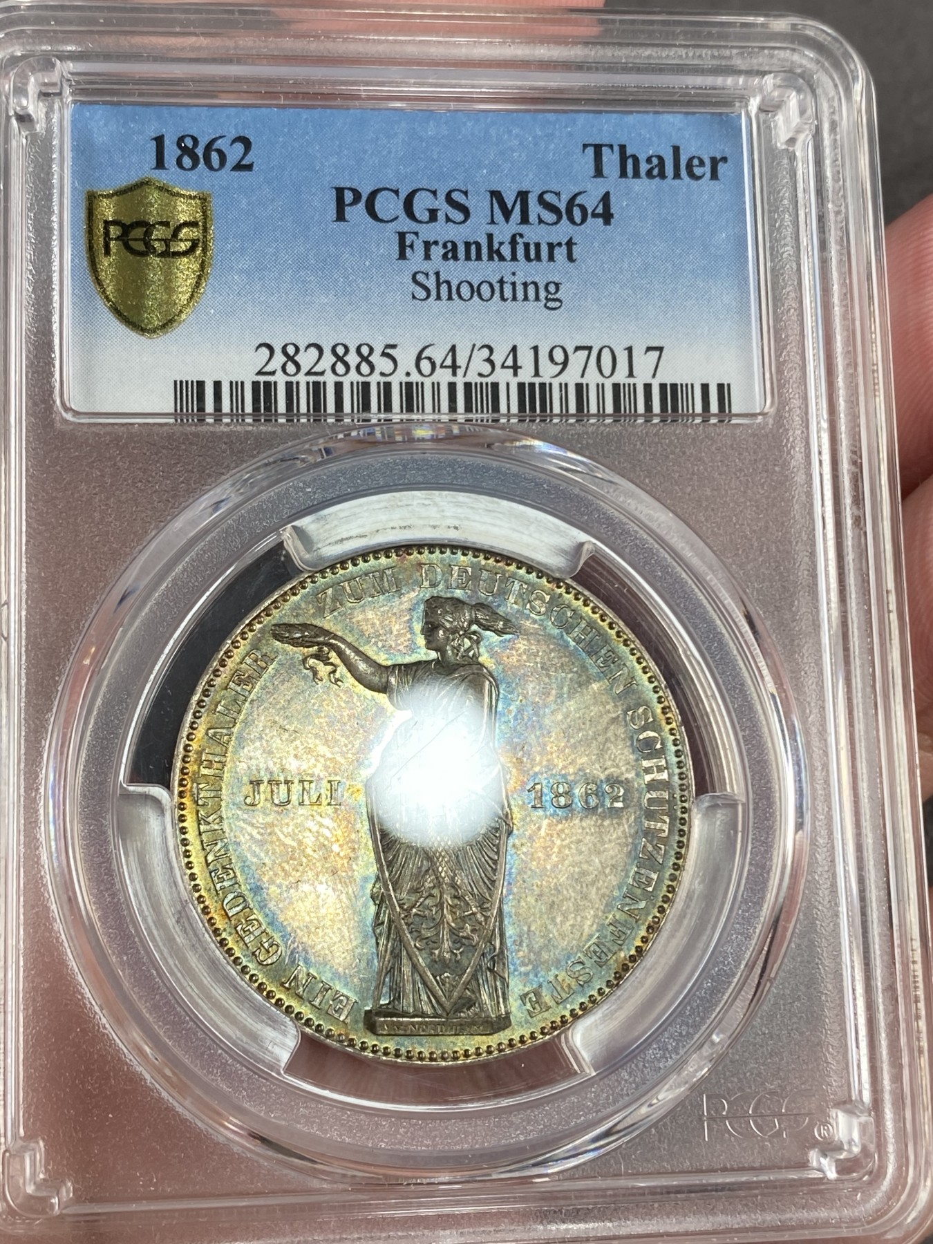 万国钱币拍卖第014期（奢华币宴第一季） PCGS MS64 1862年德国法兰克福经典少女射击泰勒 车轮光中带有幻彩 不可多得的收藏品