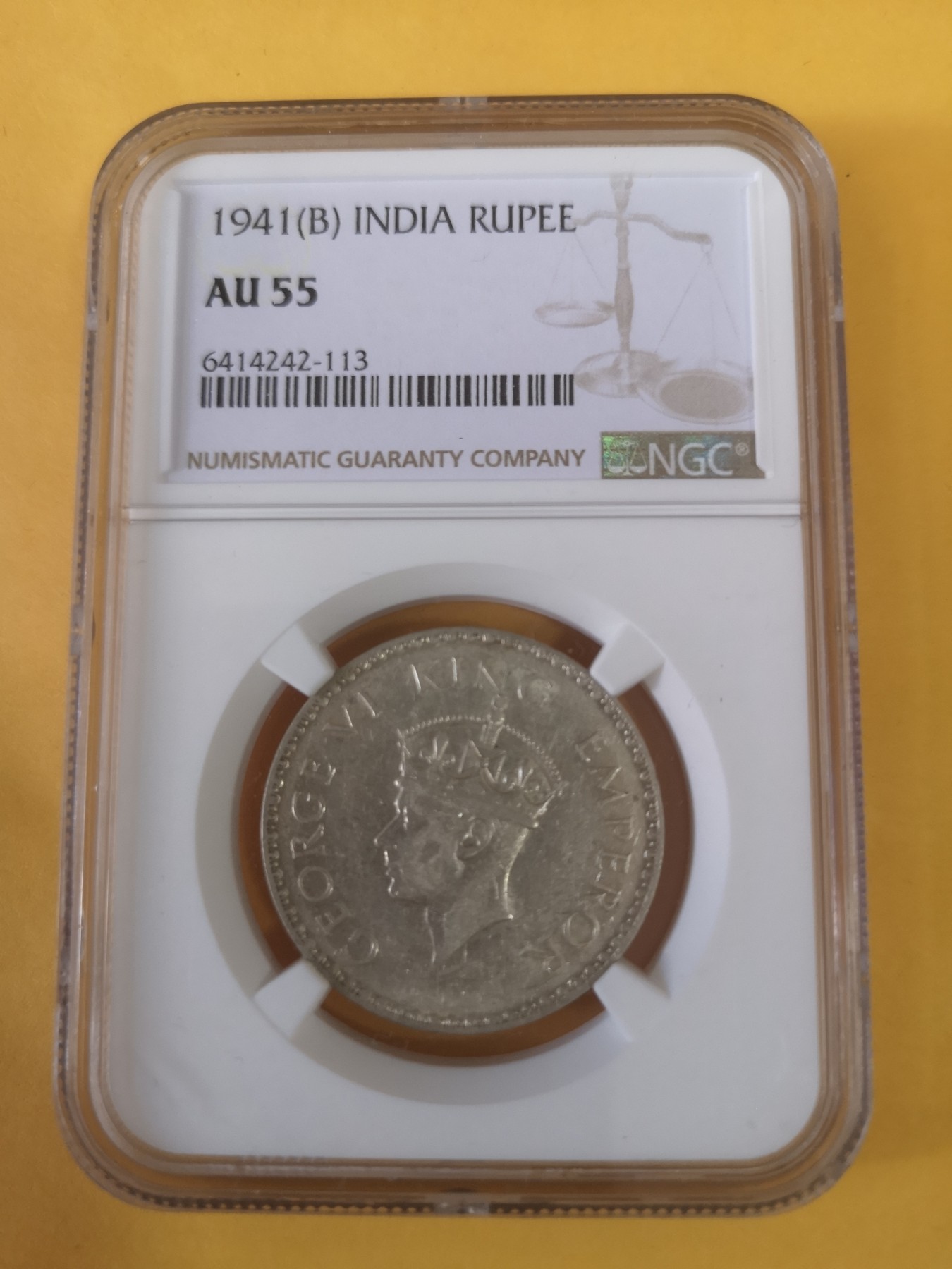 长老汇第35场杂货拍卖 1941英属印度乔治六世1卢比银币，NGC AU55