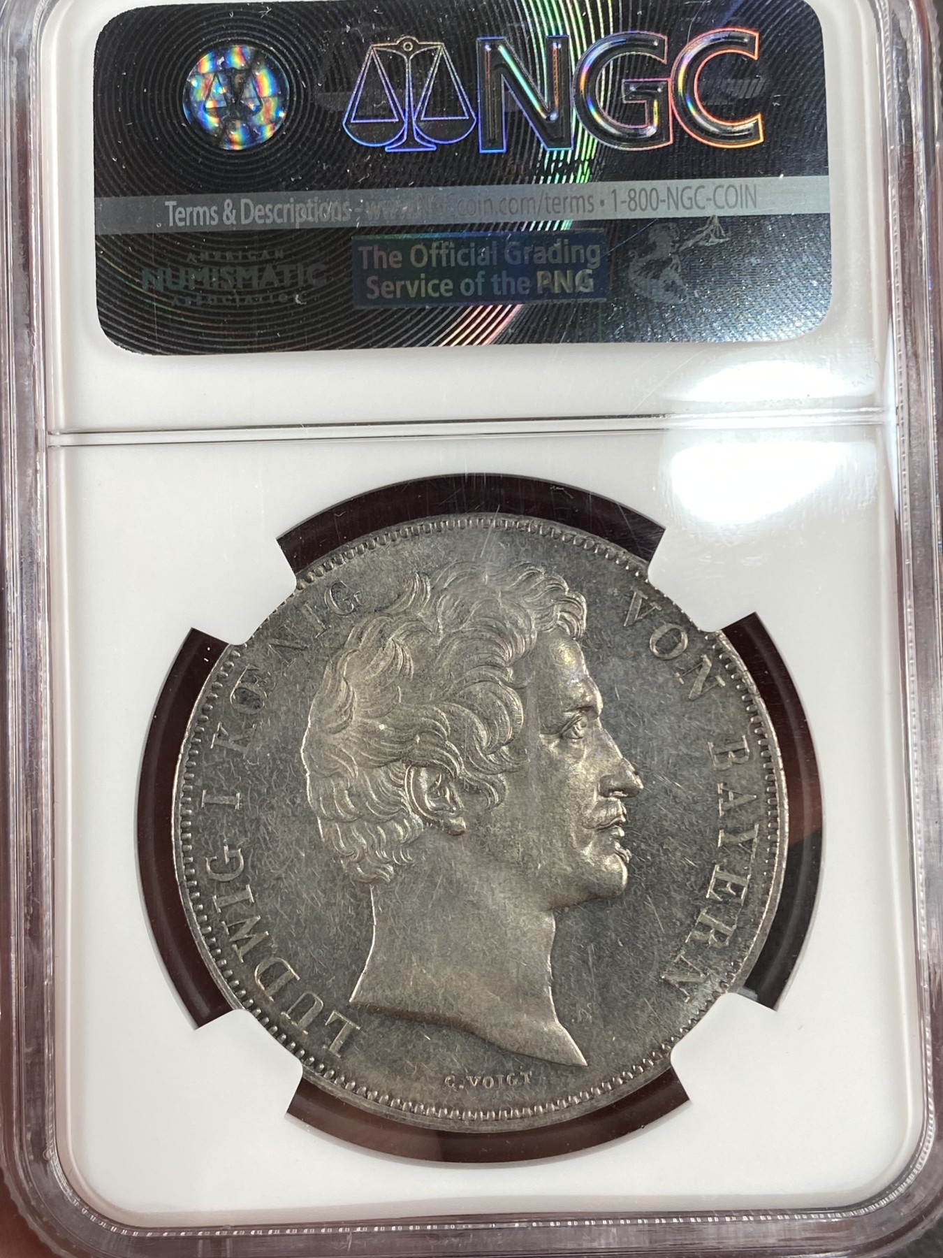 万国钱币拍卖第014期（奢华币宴第一季） NGC MS61 1843年巴伐利亚埃尔朗根学院站像2泰勒，稀少品种，好品难得。