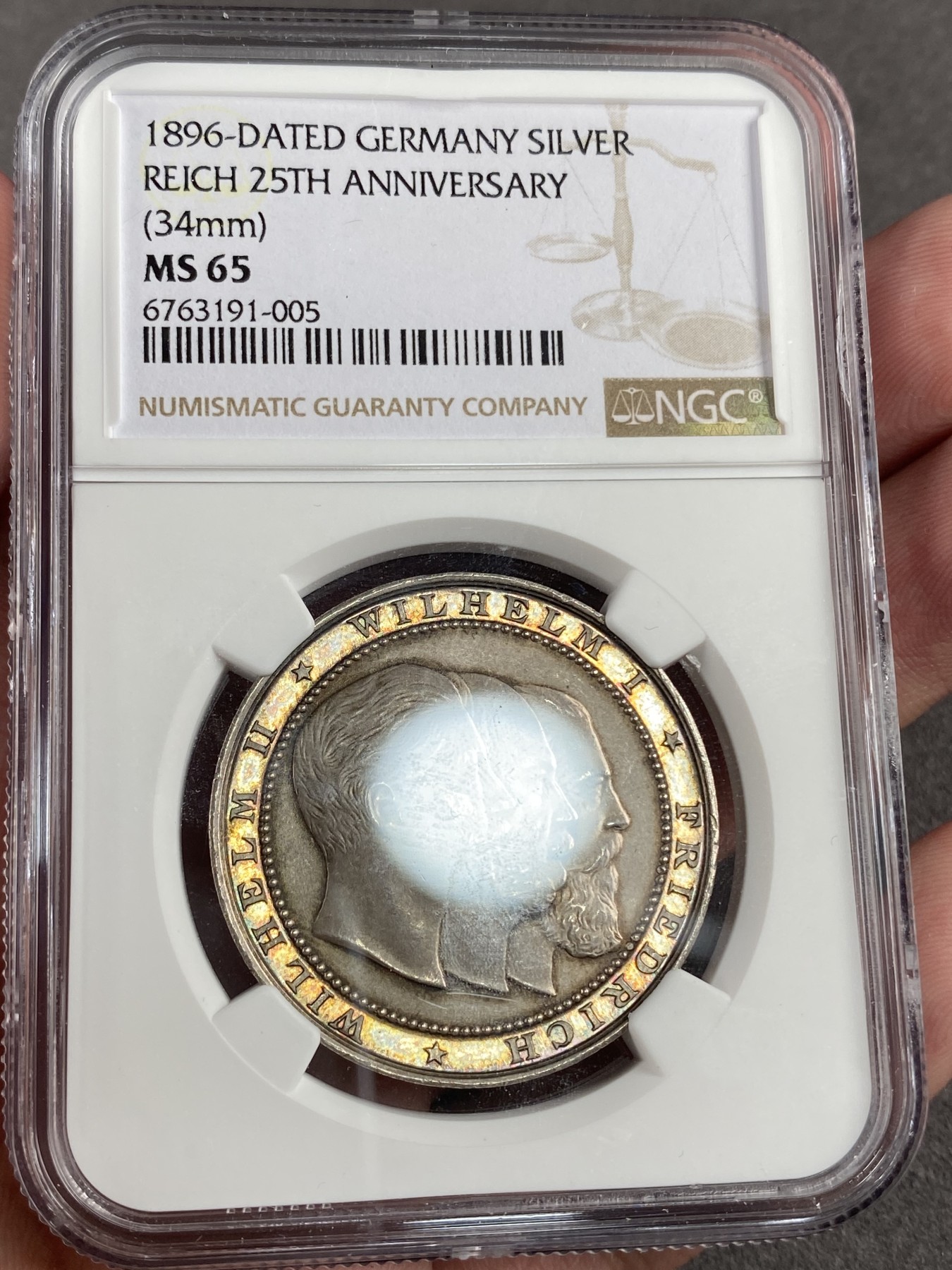 万国钱币拍卖第014期（奢华币宴第一季） NGC MS65 1896年德国普法战争胜利25周年三皇纪念银章 幻金彩顶级品像 帝国的余晖在币章中展现着昔日的辉煌