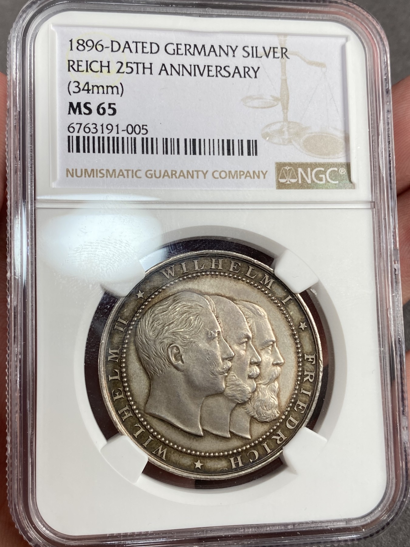 万国钱币拍卖第014期（奢华币宴第一季） NGC MS65 1896年德国普法战争胜利25周年三皇纪念银章 幻金彩顶级品像 帝国的余晖在币章中展现着昔日的辉煌