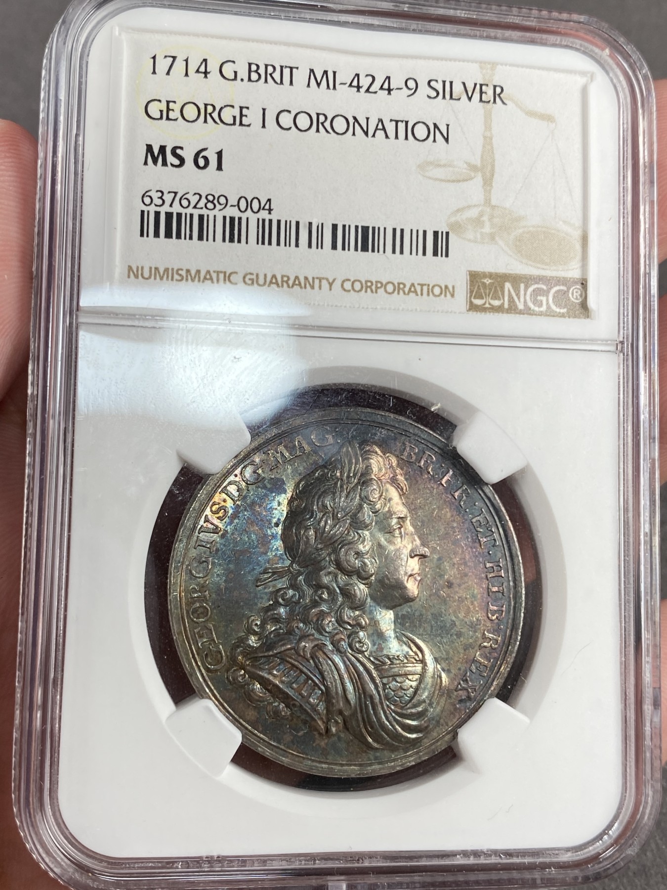 万国钱币拍卖第014期（奢华币宴第一季） NGC MS61 1714年英国汉诺威王朝乔治一世加冕纪念银章 幻五彩 高浮雕 经典品种