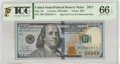 第17次拍卖--英联邦领土硬币、精制银币、纪念币，纸钞 - United State Federal Reserve Notes:- 2013 -100 Dollars P543-E - Richmond VA ME50264242 A - TQG GEPQ 66 *4242*