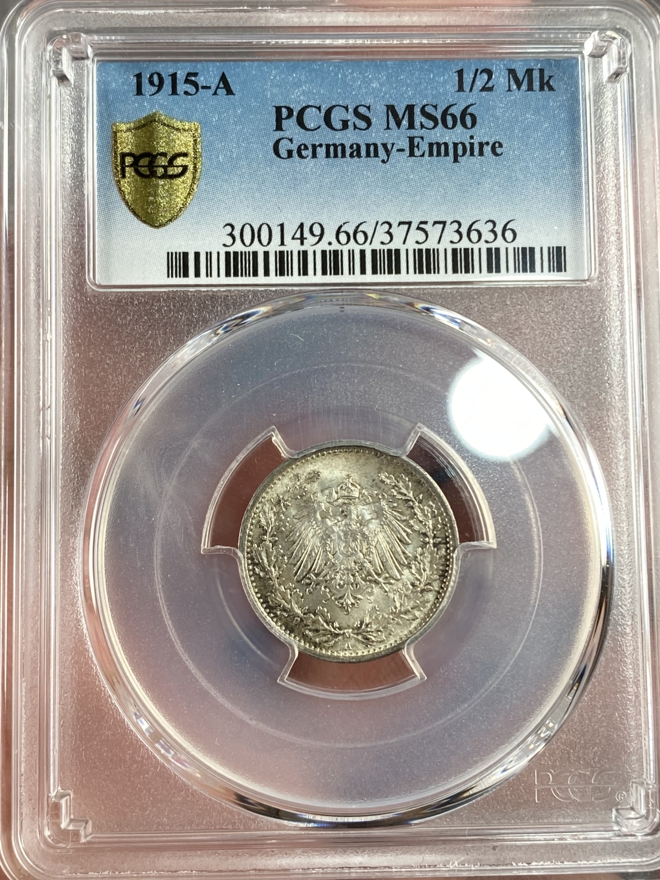 万国钱币拍卖第014期（奢华币宴第一季） PCGS MS66 1915年德国普鲁士原味五彩1/2马克