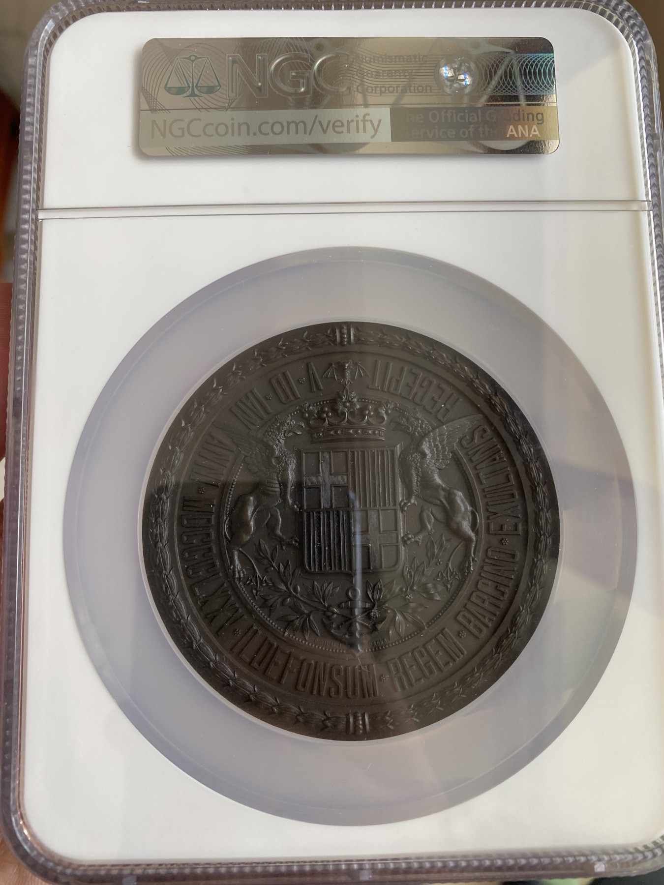 万国钱币拍卖第014期（奢华币宴第一季） NGC MS62 1875年西班牙阿方索十二世访问巴塞罗那纪念大铜章 74MM 166G 此版本为官方发型 精美程度异常出彩 章面的每一毫米都是雕刻师的精工之作 爱不释手