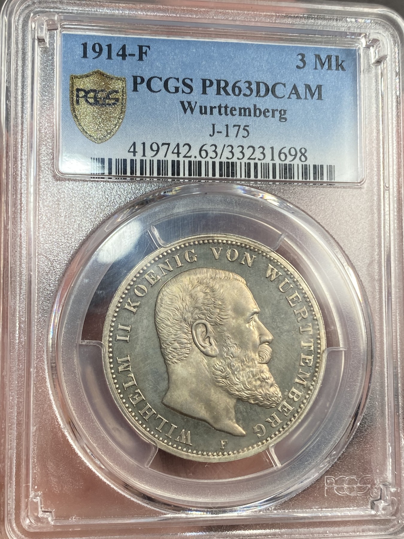 万国钱币拍卖第014期（奢华币宴第一季） PCGS PR63DC 1914年德国符腾堡长翅3马克 深度镜面 原味实在是爱不释手