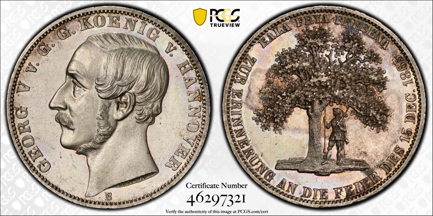 万国钱币拍卖第014期（奢华币宴第一季） PCGS MS62 1865年德国汉诺威乔治五世橡树纪念泰勒 五彩 经典品种 发行量2000枚 几乎在所有拍卖中慢慢“绝迹”