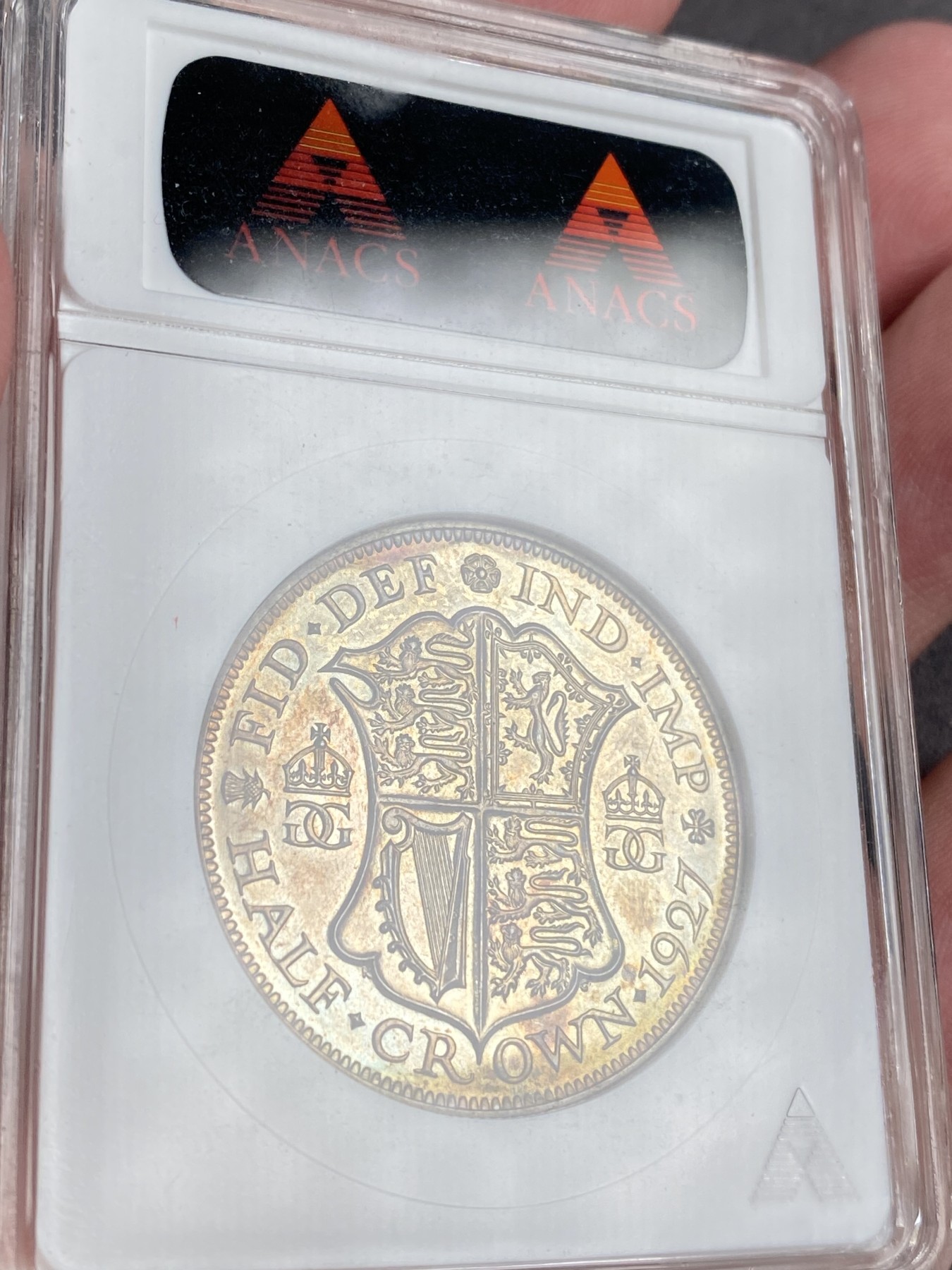 万国钱币拍卖第014期（奢华币宴第一季） ANACS PF65 1927年乔治五世半克朗银币 五彩镜面 经典小白盒 换盒问题不大 几乎过手的小白盒换盒最少都+1