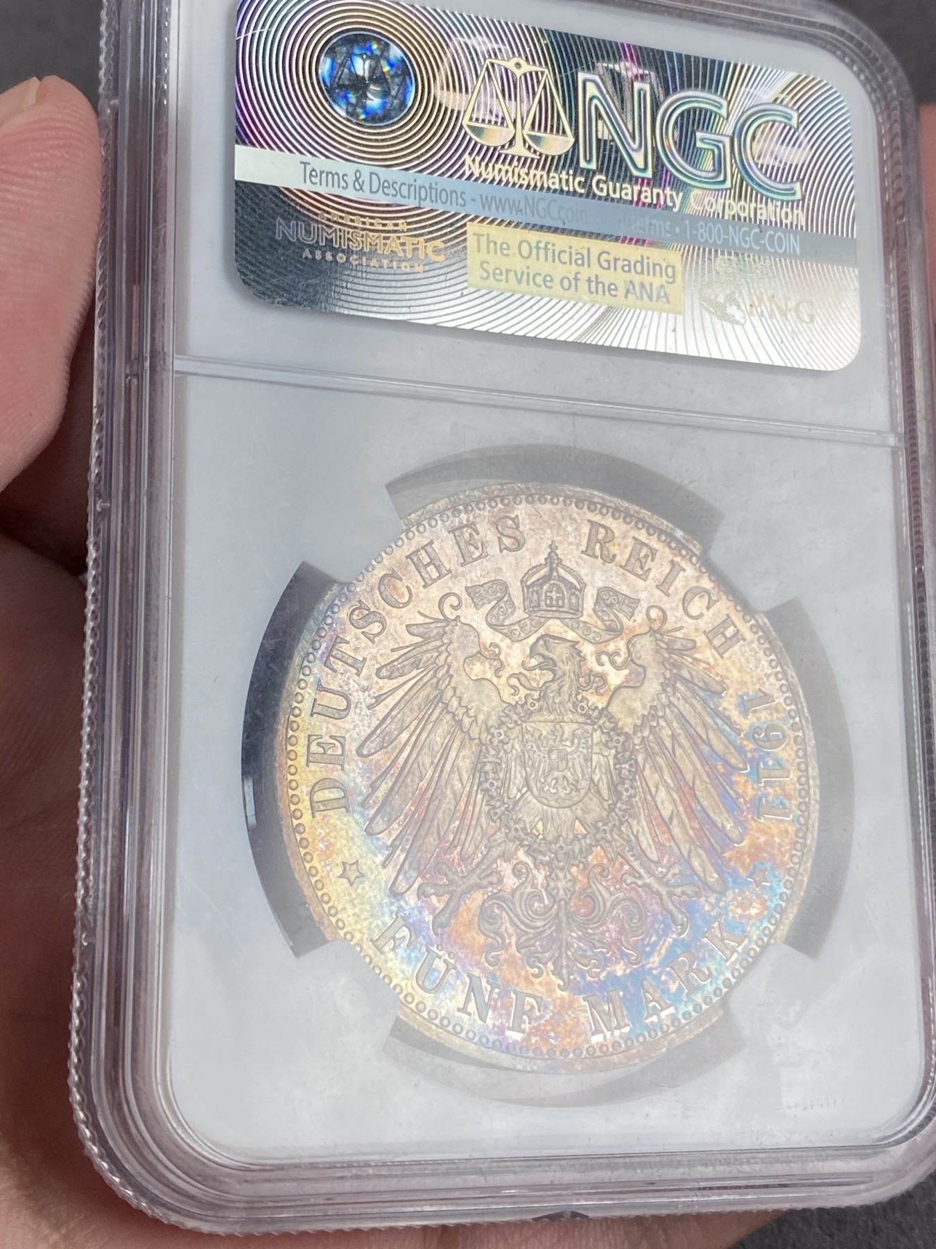 万国钱币拍卖第014期（奢华币宴第一季） NGC PF63CA 1911年德国巴伐利亚摄政王90大寿纪念流通5马克 淡金彩 与2、3马克同出一盒