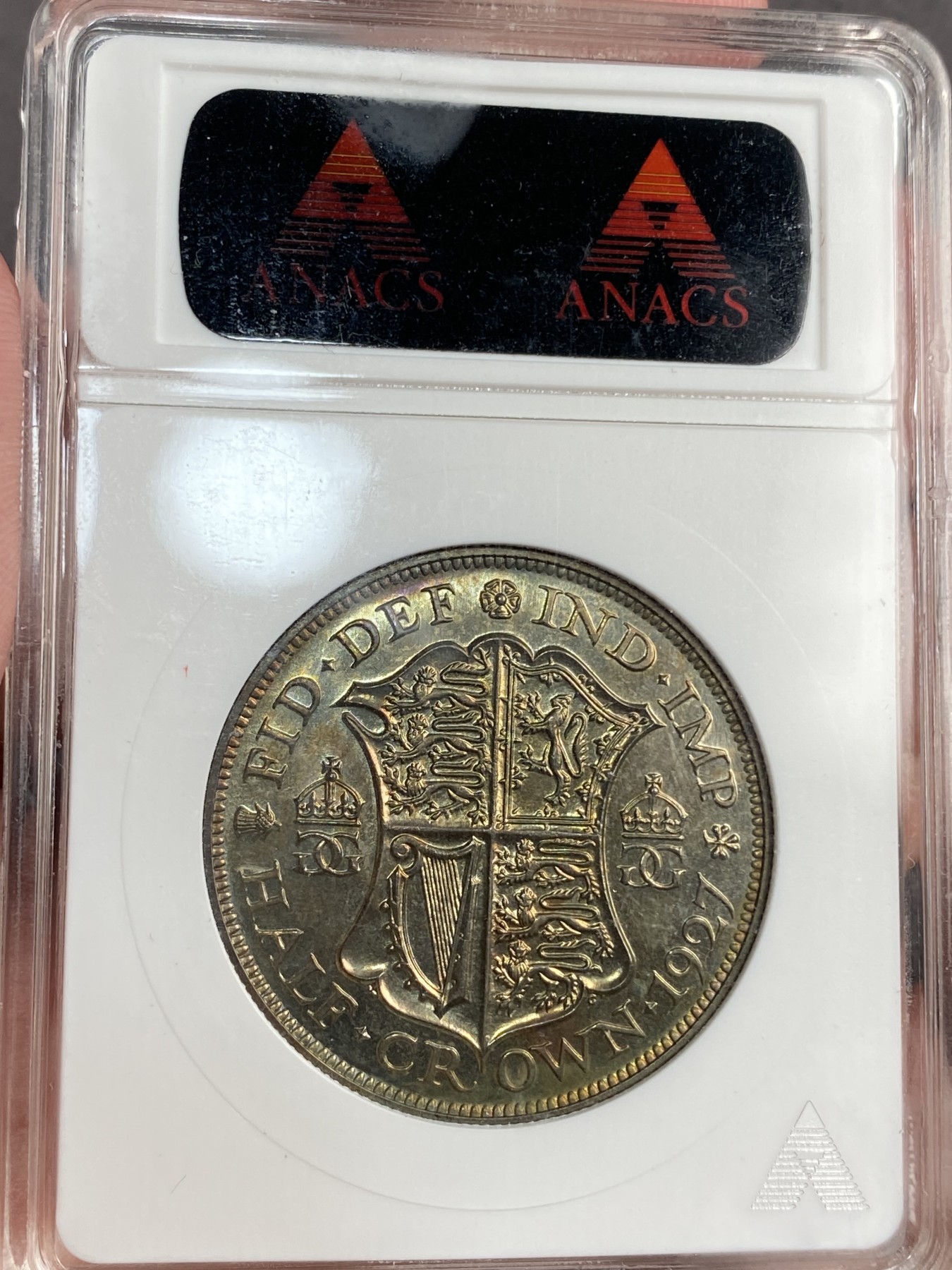 万国钱币拍卖第014期（奢华币宴第一季） ANACS PF65 1927年乔治五世半克朗银币 五彩镜面 经典小白盒 换盒问题不大 几乎过手的小白盒换盒最少都+1