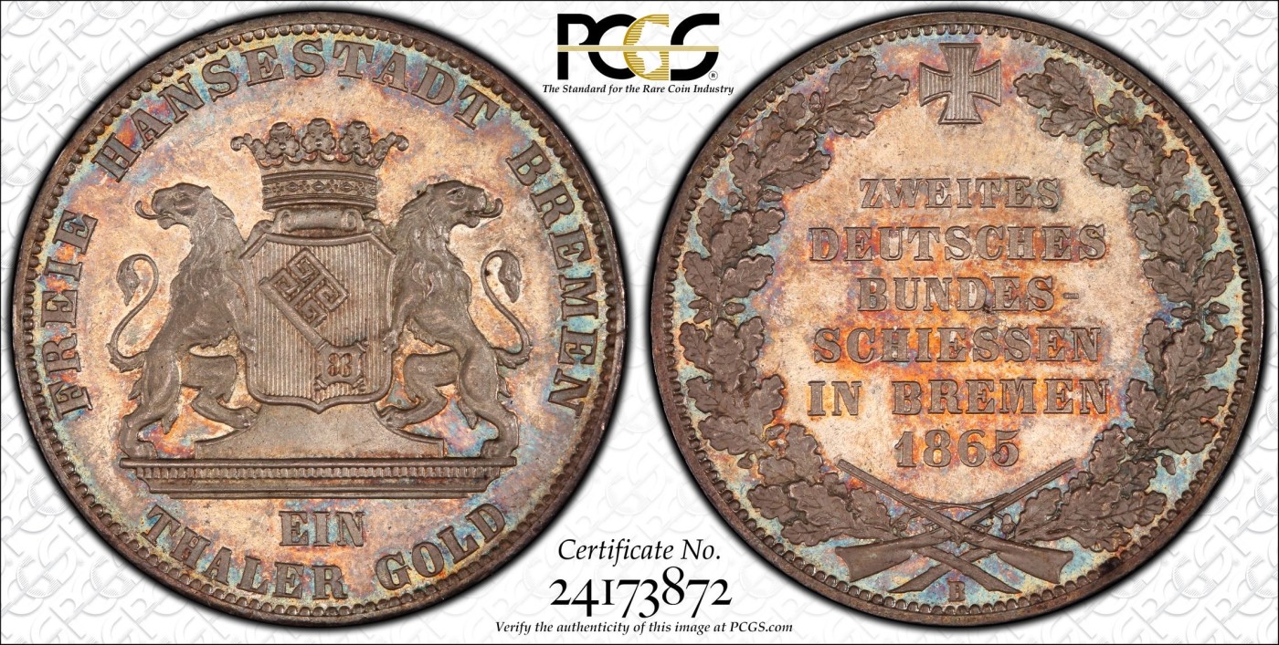万国钱币拍卖第014期（奢华币宴第一季） PCGS MS66 1865年德国不莱梅射击节纪念1泰勒 超绝五彩 顶级品相 镜面感十足