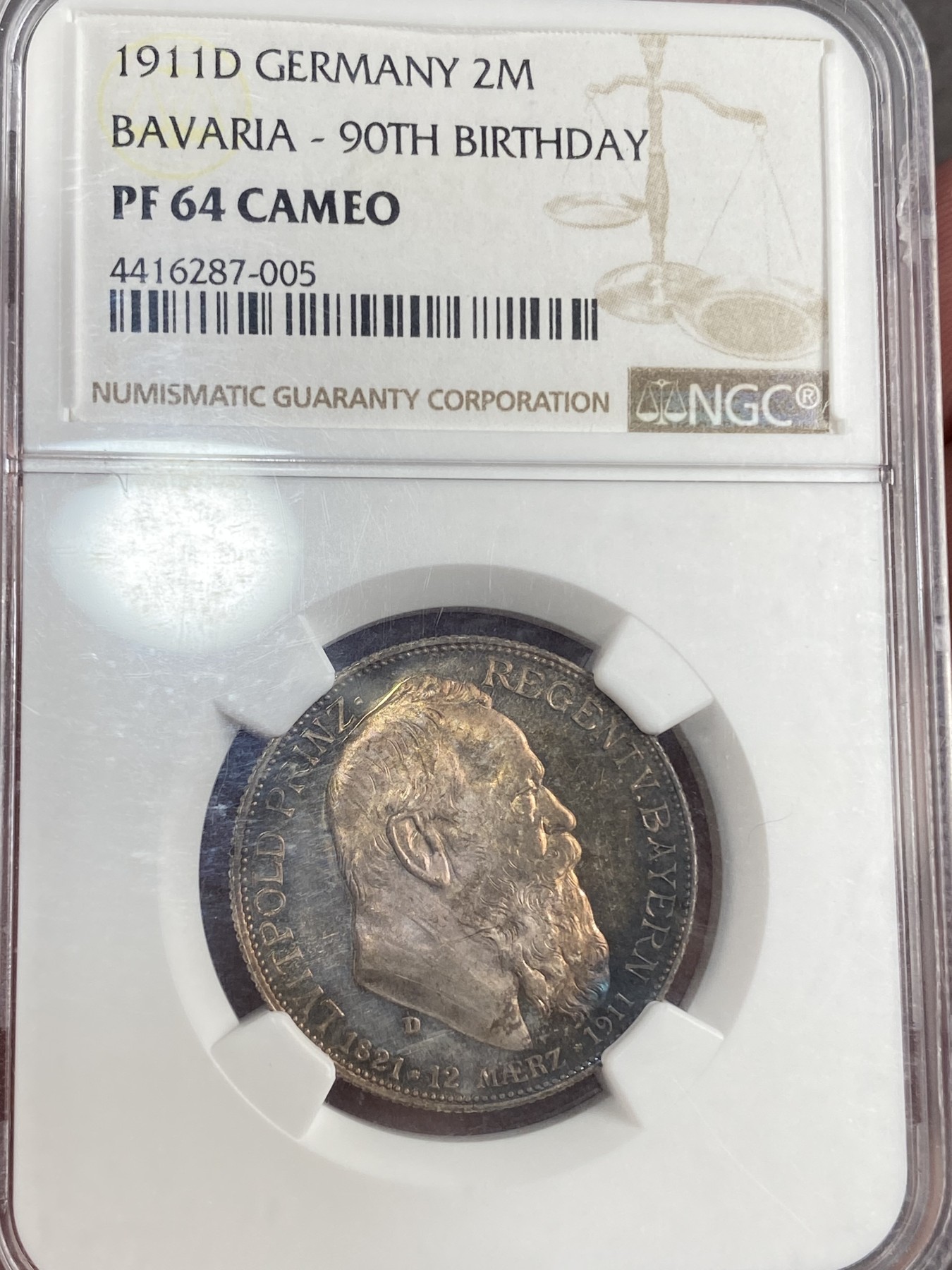万国钱币拍卖第014期（奢华币宴第一季） NGC PF64CA 1911年德国巴伐利亚摄政王90大寿纪念流通2马克 精致原盒五彩 