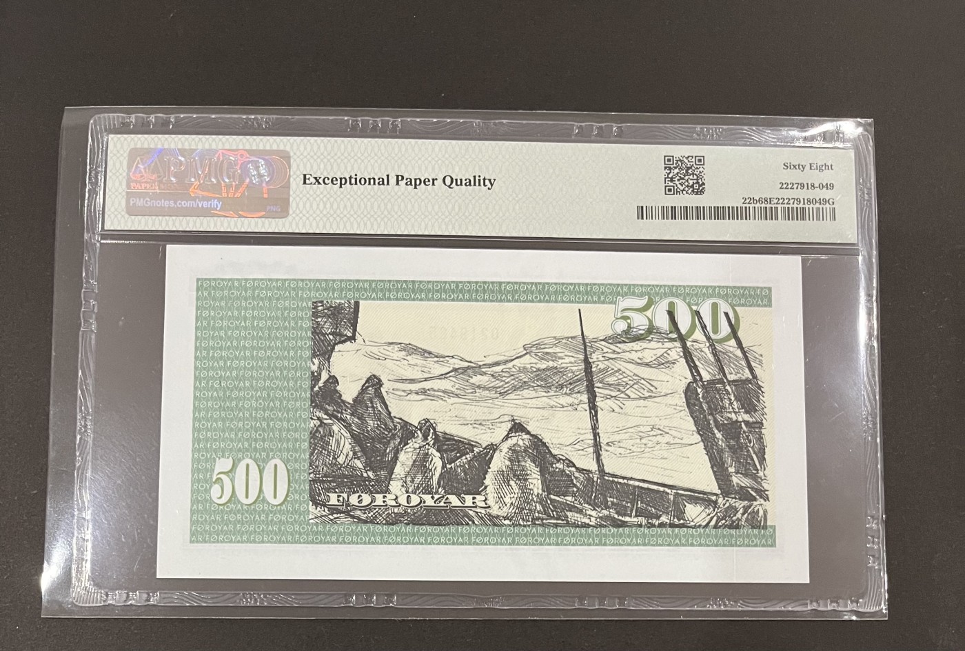 收藏联盟Quantum Auction 第283期拍卖  法罗群岛1994年500克朗 PMG68 A0冠 高分稀少 亚军分仅1张更高 素描画风格 背面线条均为高品质油墨凹印