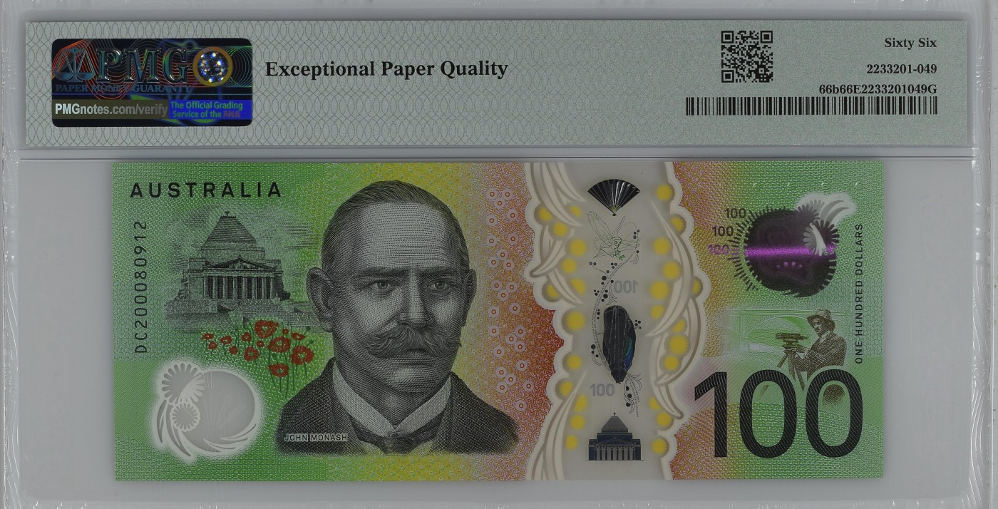 收藏联盟Quantum Auction 第283期拍卖  澳大利亚储备银行2020年100元 PMG66 号码无3457 澳洲最负盛名的女高音歌唱家 梅尔巴女爵士