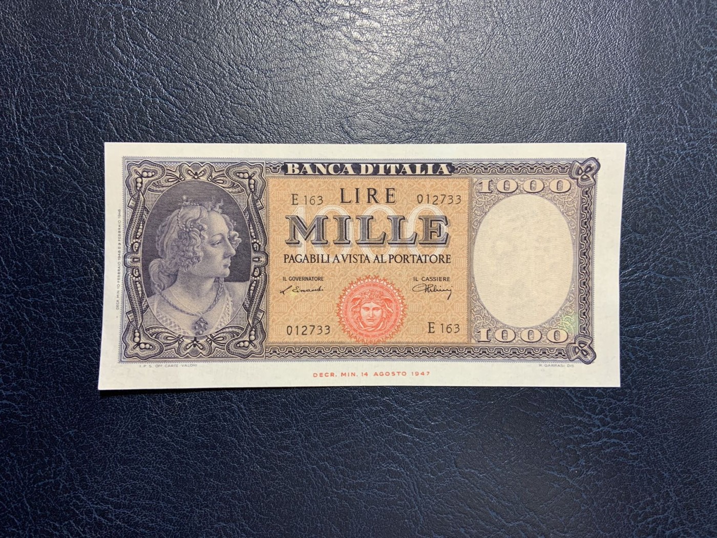 收藏联盟Quantum Auction 第283期拍卖  意大利1948年1000里拉 品相AU 取材波提切利名画