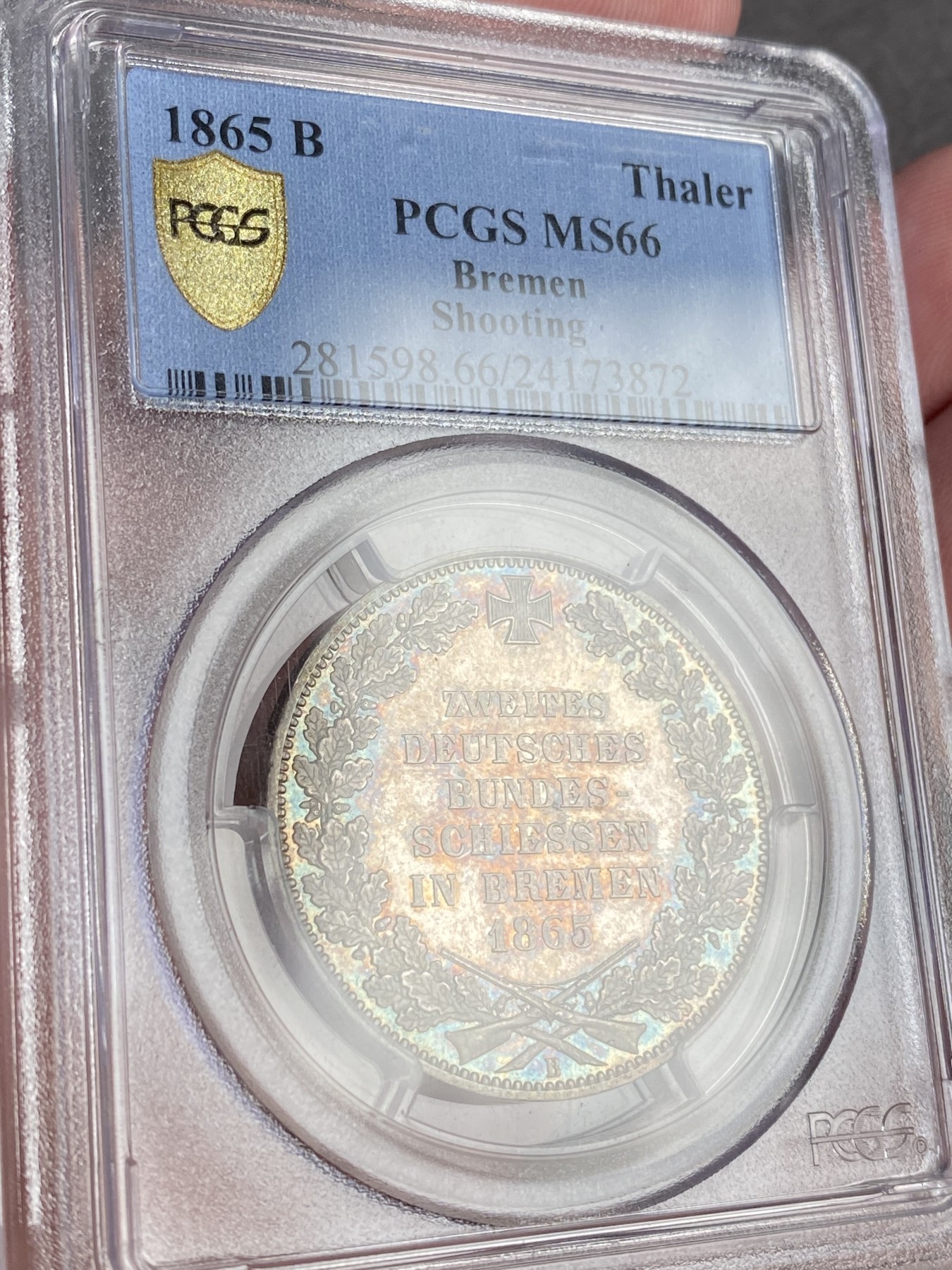 万国钱币拍卖第014期（奢华币宴第一季） PCGS MS66 1865年德国不莱梅射击节纪念1泰勒 超绝五彩 顶级品相 镜面感十足