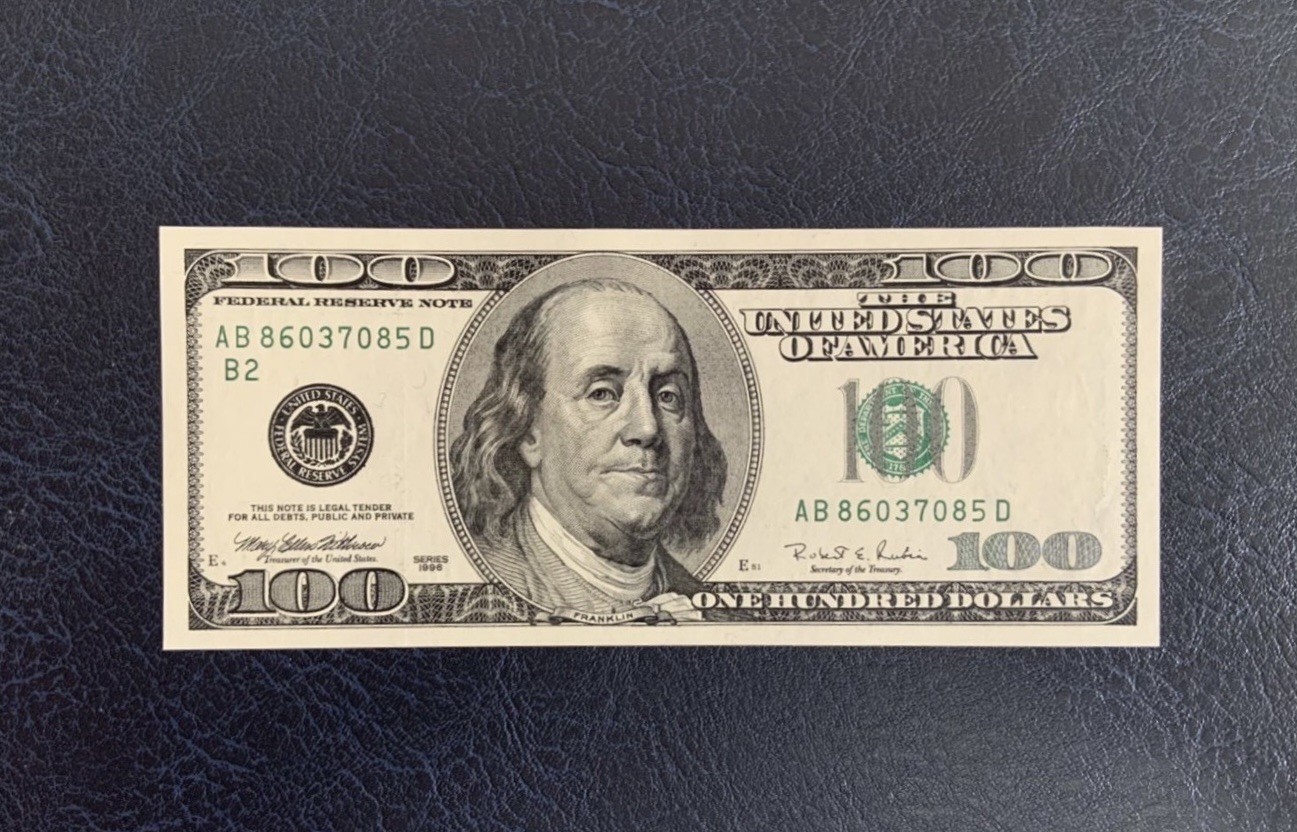 收藏联盟Quantum Auction 第283期拍卖  美国联邦储备券1996年(大头美金首发年份)100元 品相全新UNC 号码无4