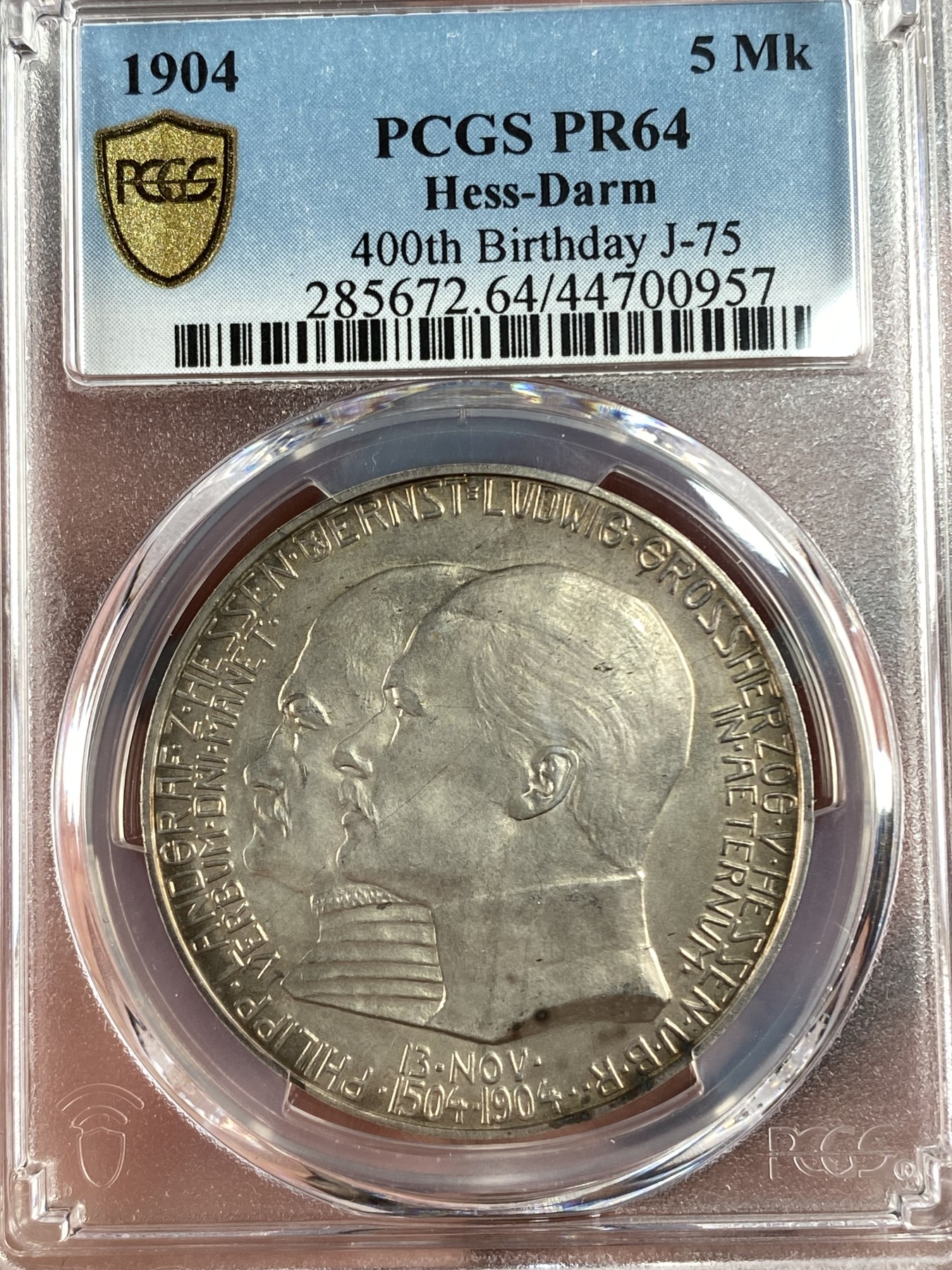 万国钱币拍卖第014期（奢华币宴第一季） PCGS PR64 1904年德国黑森达姆斯塔特诞辰纪念精制5马克 无论是精致深打的感觉 还是淡彩黄油的包浆 此枚马克都给人一种极致的氛围